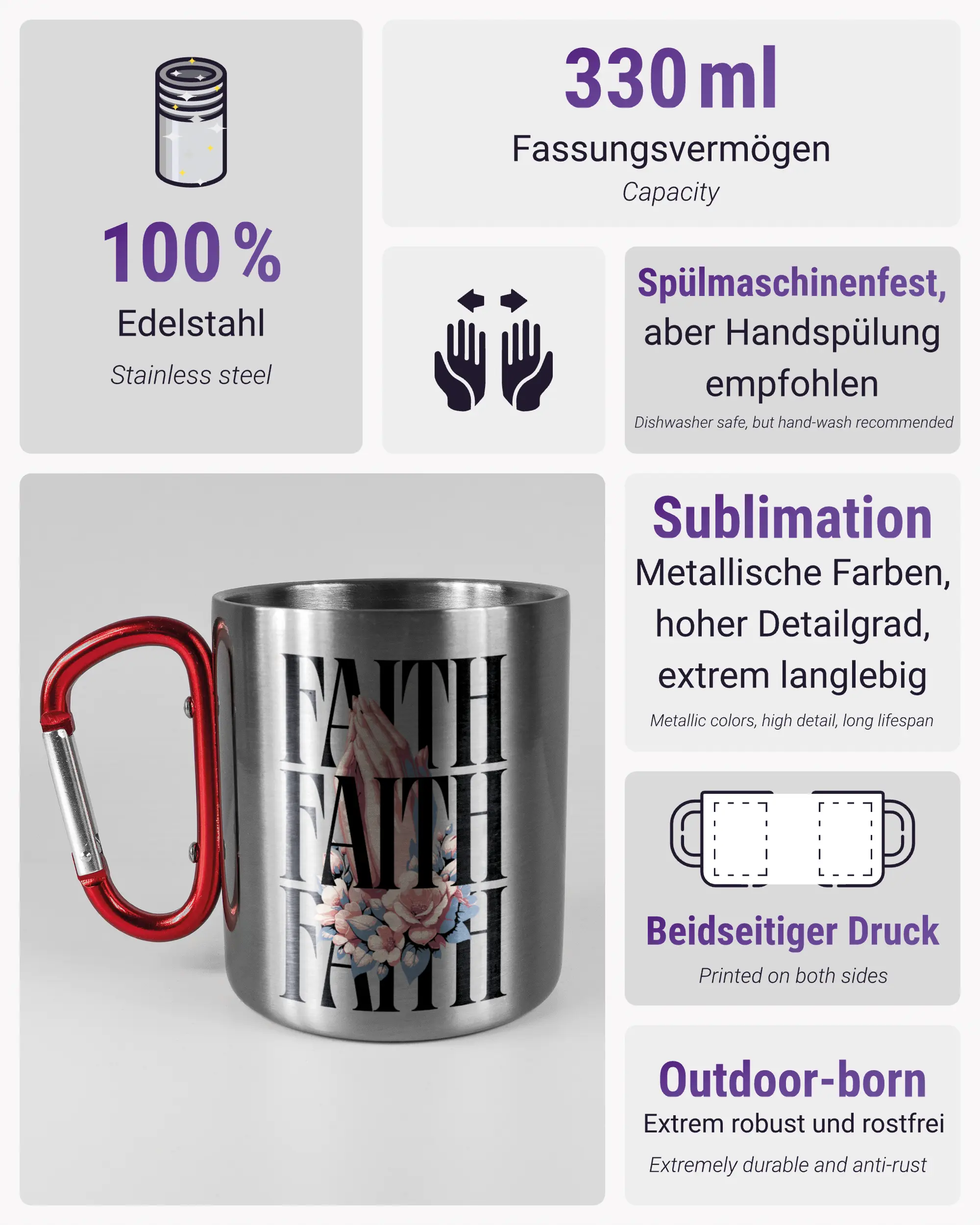 Produktinformationsblatt der beidseitig bedruckten Edelstahltasse von Maondo mit dem Design Faith X3 in der Farbe Metallic-Red