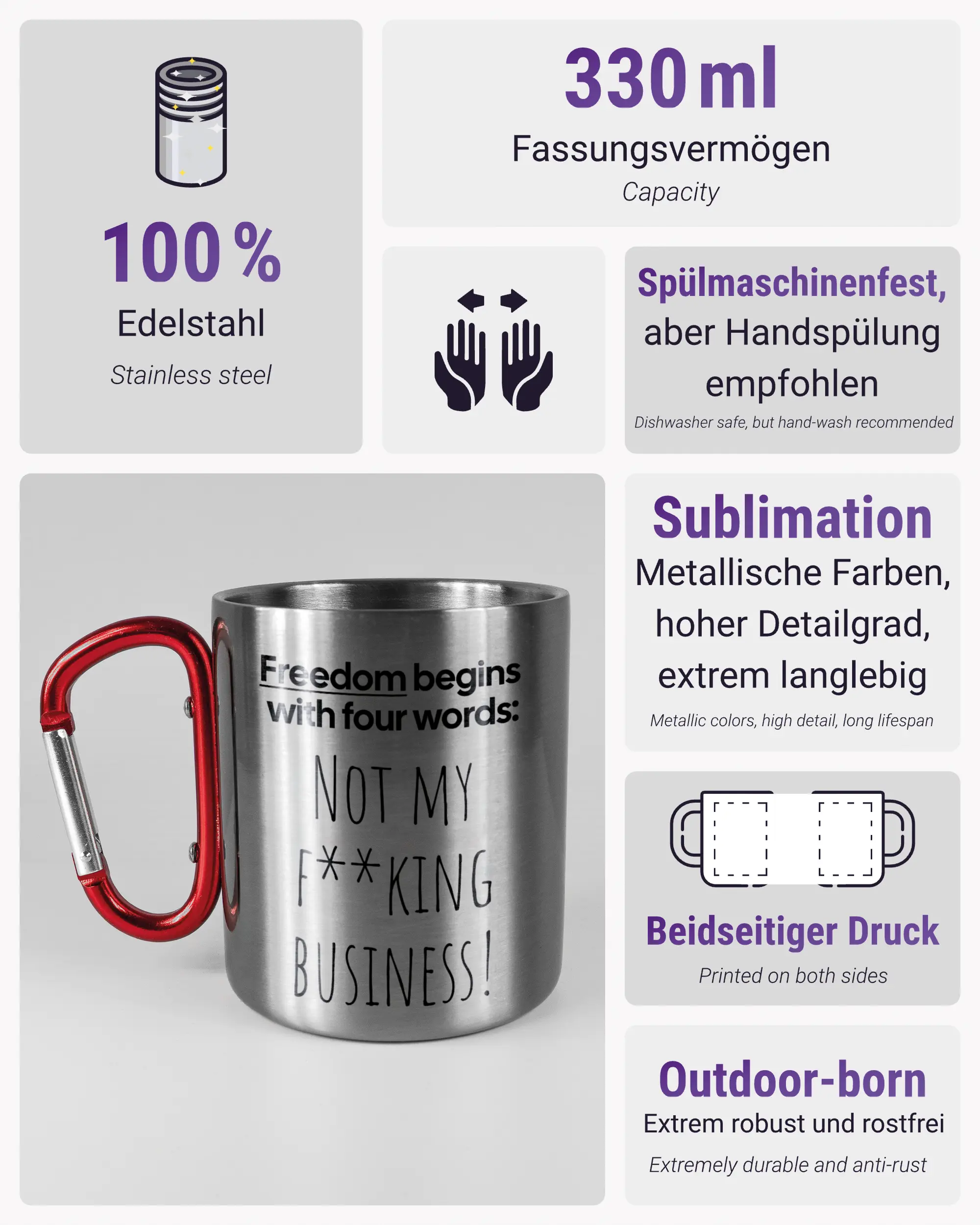 Produktinformationsblatt der beidseitig bedruckten Edelstahltasse von Maondo mit dem Design 4 Freedom in der Farbe Metallic-Red
