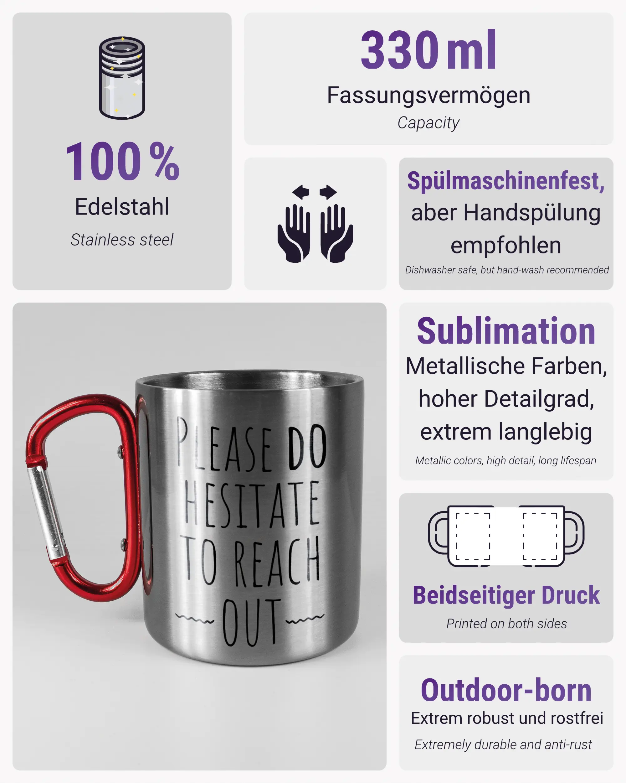 Produktinformationsblatt der beidseitig bedruckten Edelstahltasse von Maondo mit dem Design Please Hesitate in der Farbe Metallic-Red