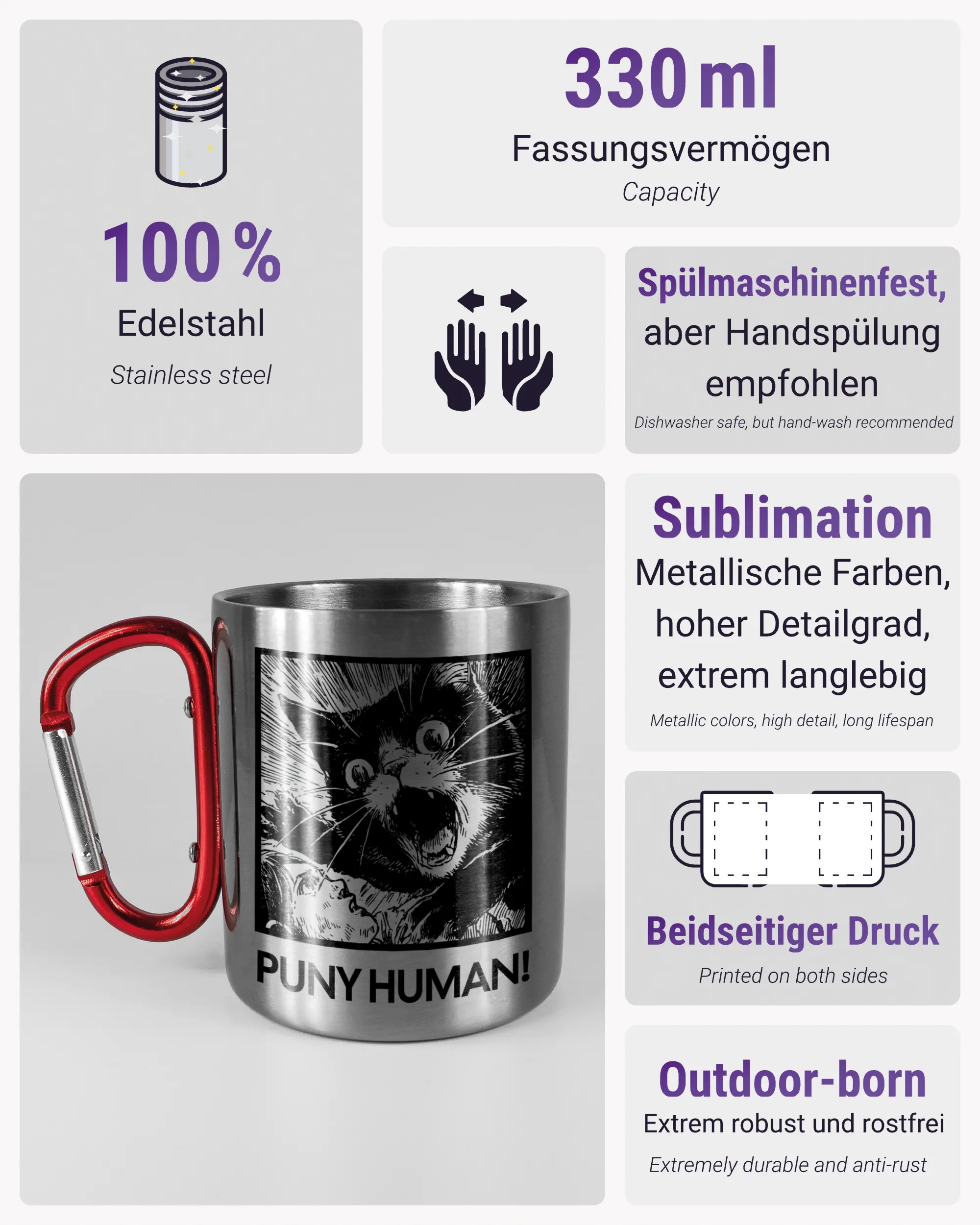 Produktinformationsblatt der beidseitig bedruckten Edelstahltasse von Maondo mit dem Design Puny Human in der Farbe Metallic-Red