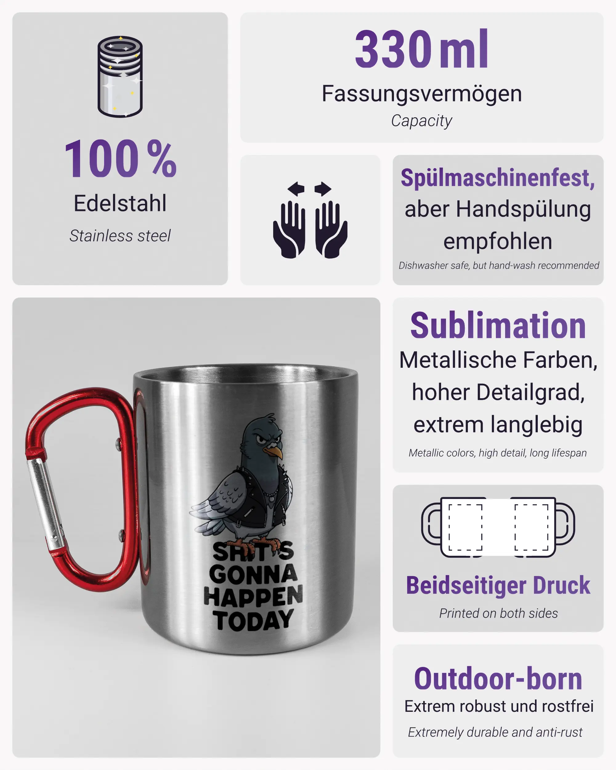 Produktinformationsblatt der beidseitig bedruckten Edelstahltasse von Maondo mit dem Design Pigeon Pun in der Farbe Metallic-Red