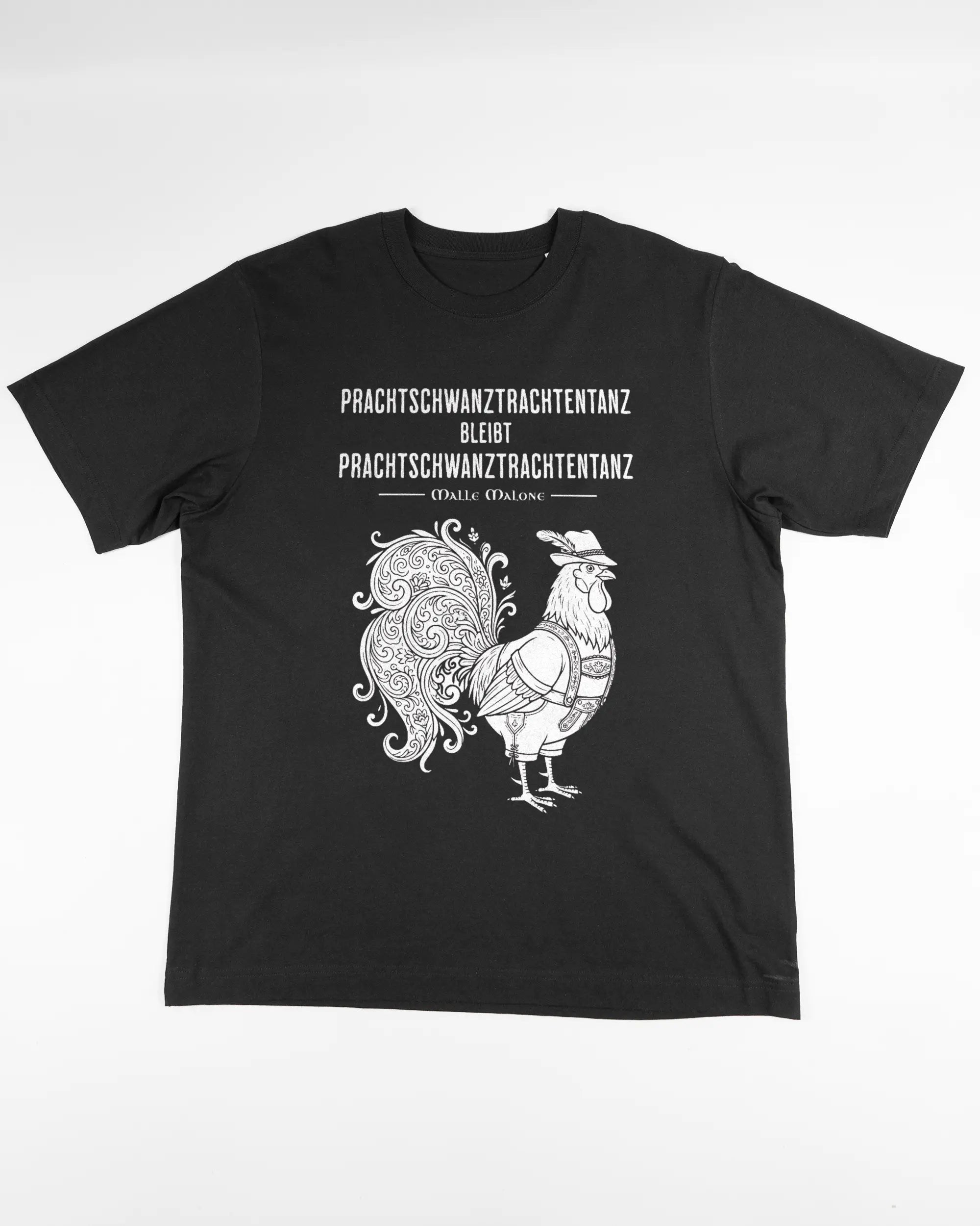 Vorderseite des Organic Unisex T-Shirt Heavy Oversized von Maondo mit dem Design Trachtentanz in der Farbe Black und in der Größe L flach auf den Boden gelegt