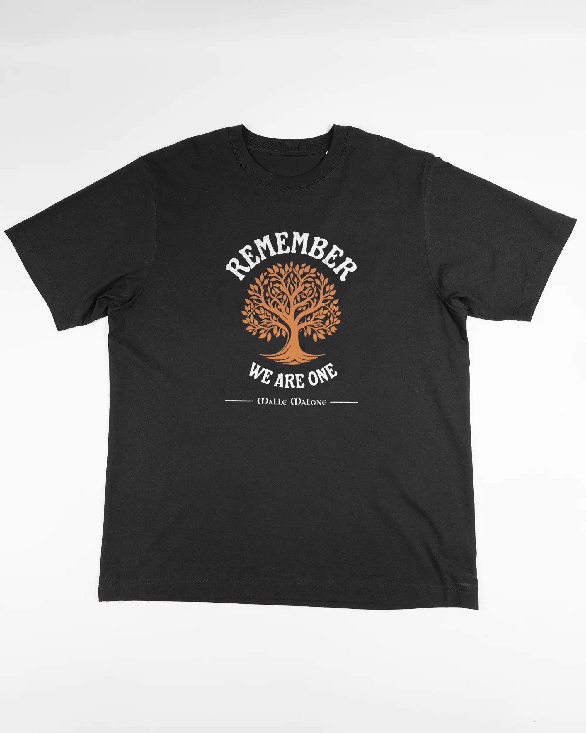 Vorderseite des Organic Unisex T-Shirt Heavy Oversized von Maondo mit dem Design We are one in der Farbe Black und in der Größe L flach auf den Boden gelegt