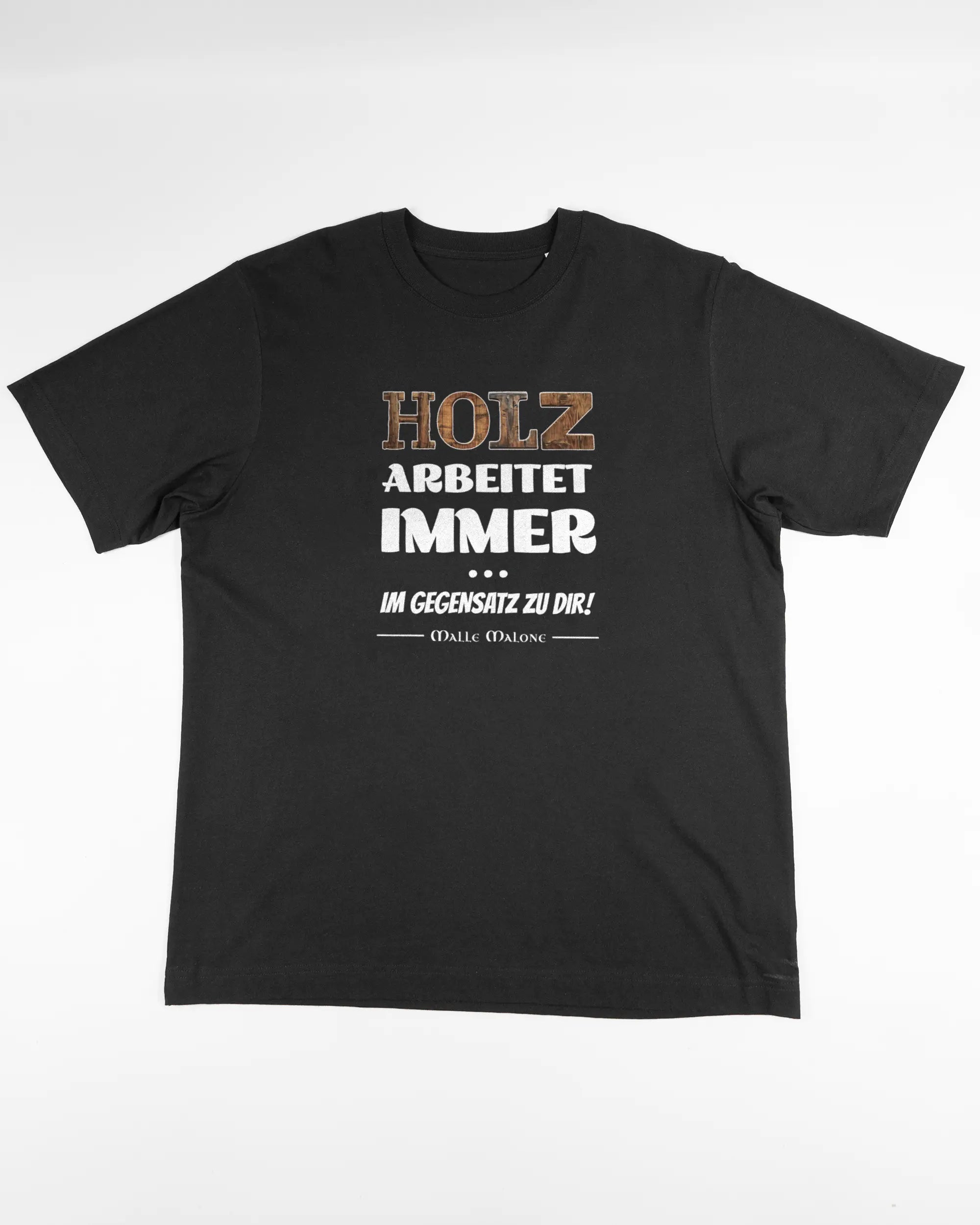 Vorderseite des Organic Unisex T-Shirt Heavy Oversized von Maondo mit dem Design Holzarbeit in der Farbe Black und in der Größe L flach auf den Boden gelegt