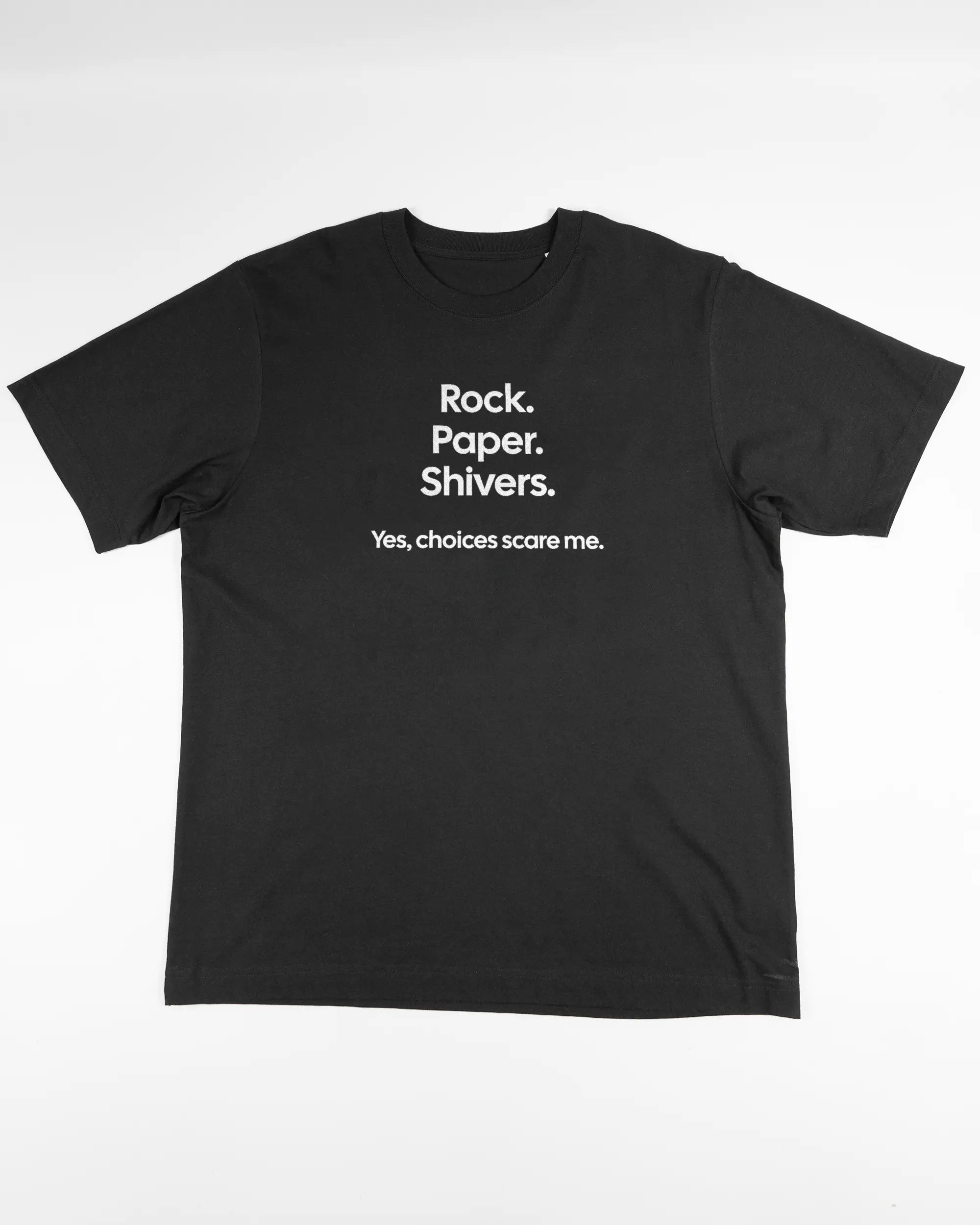 Vorderseite des Organic Unisex T-Shirt Heavy Oversized von Maondo mit dem Design Rock Paper Shivers in der Farbe Black und in der Größe L flach auf den Boden gelegt