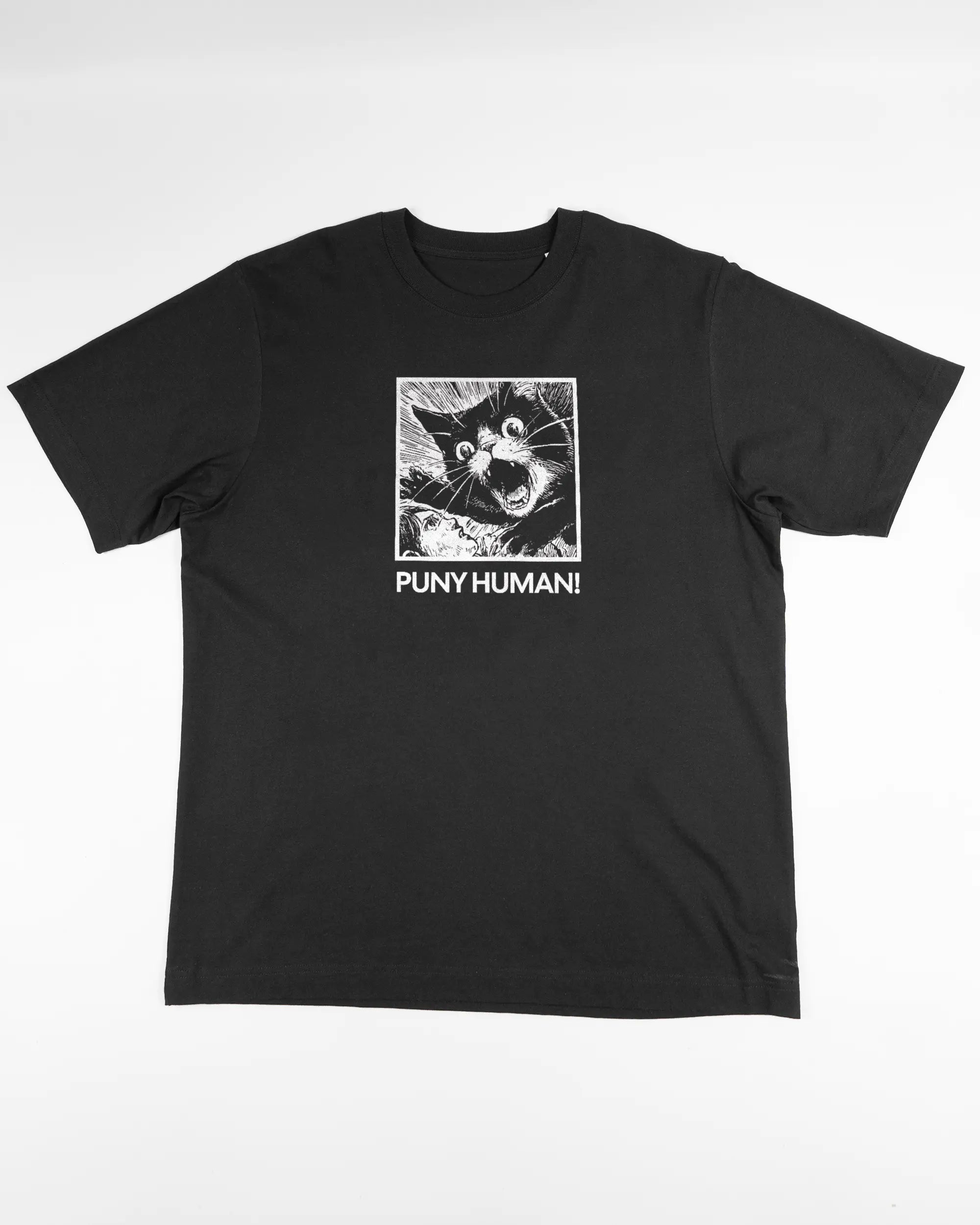 Vorderseite des Organic Unisex T-Shirt Heavy Oversized von Maondo mit dem Design Puny Human in der Farbe Black und in der Größe L flach auf den Boden gelegt