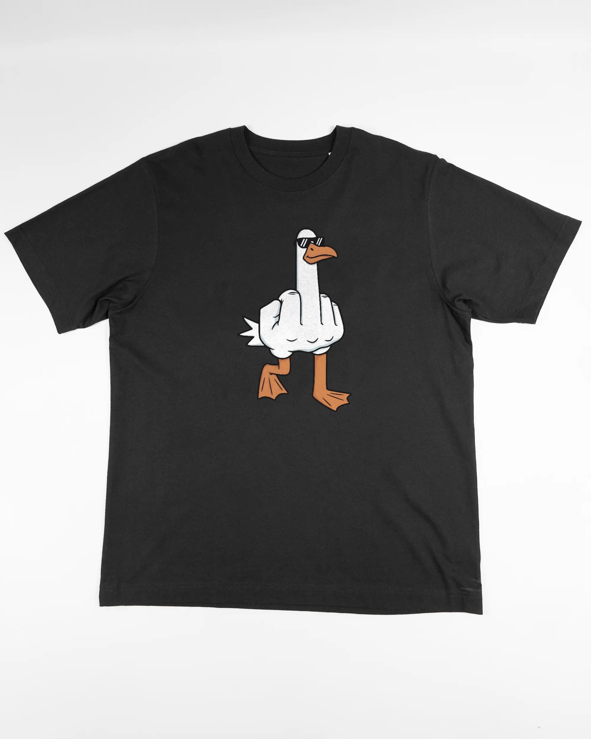 Vorderseite des Organic Unisex T-Shirt Heavy Oversized von Maondo mit dem Design I give a duck in der Farbe Black und in der Größe L flach auf den Boden gelegt