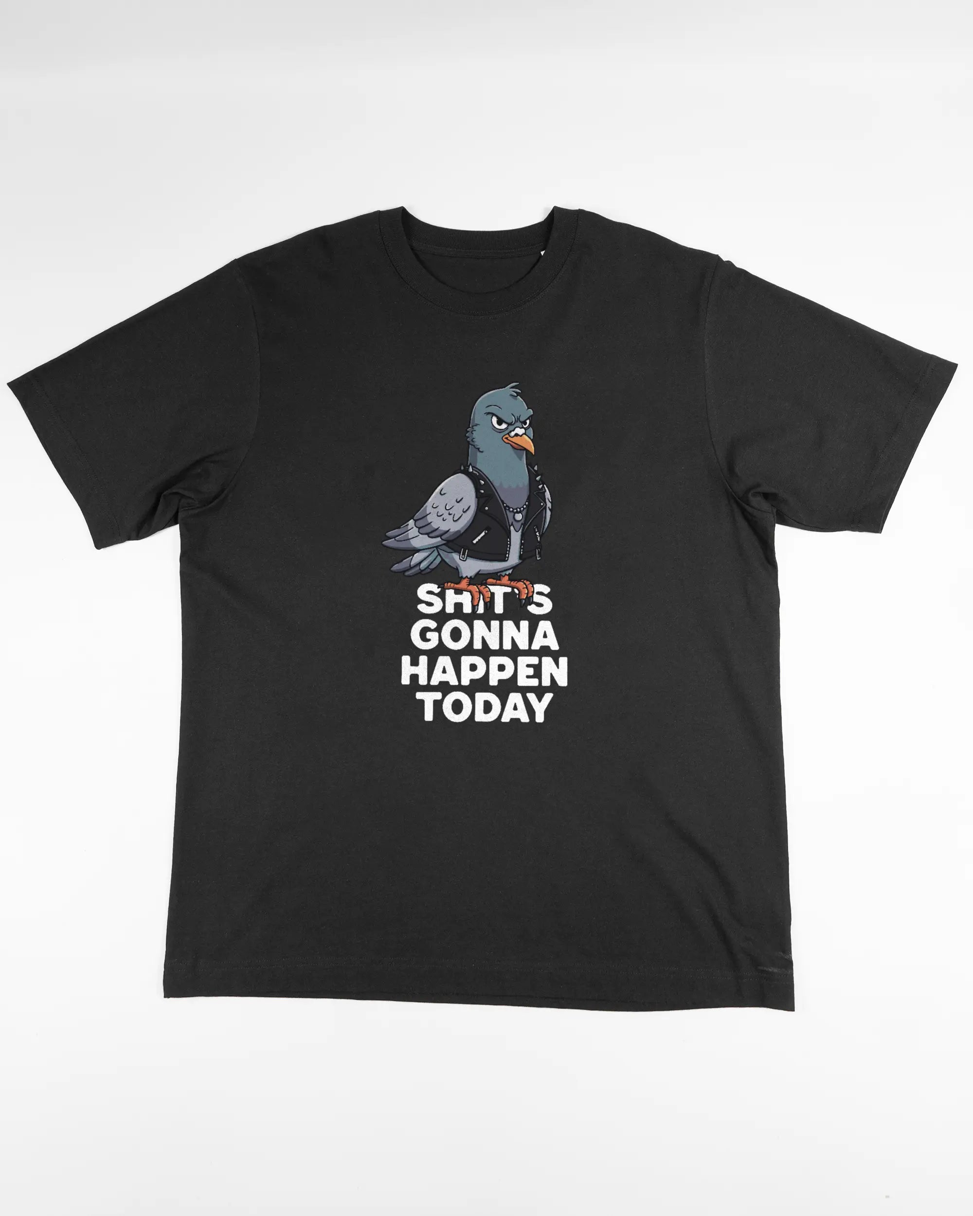 Vorderseite des Organic Unisex T-Shirt Heavy Oversized von Maondo mit dem Design Pigeon Pun in der Farbe Black und in der Größe L flach auf den Boden gelegt