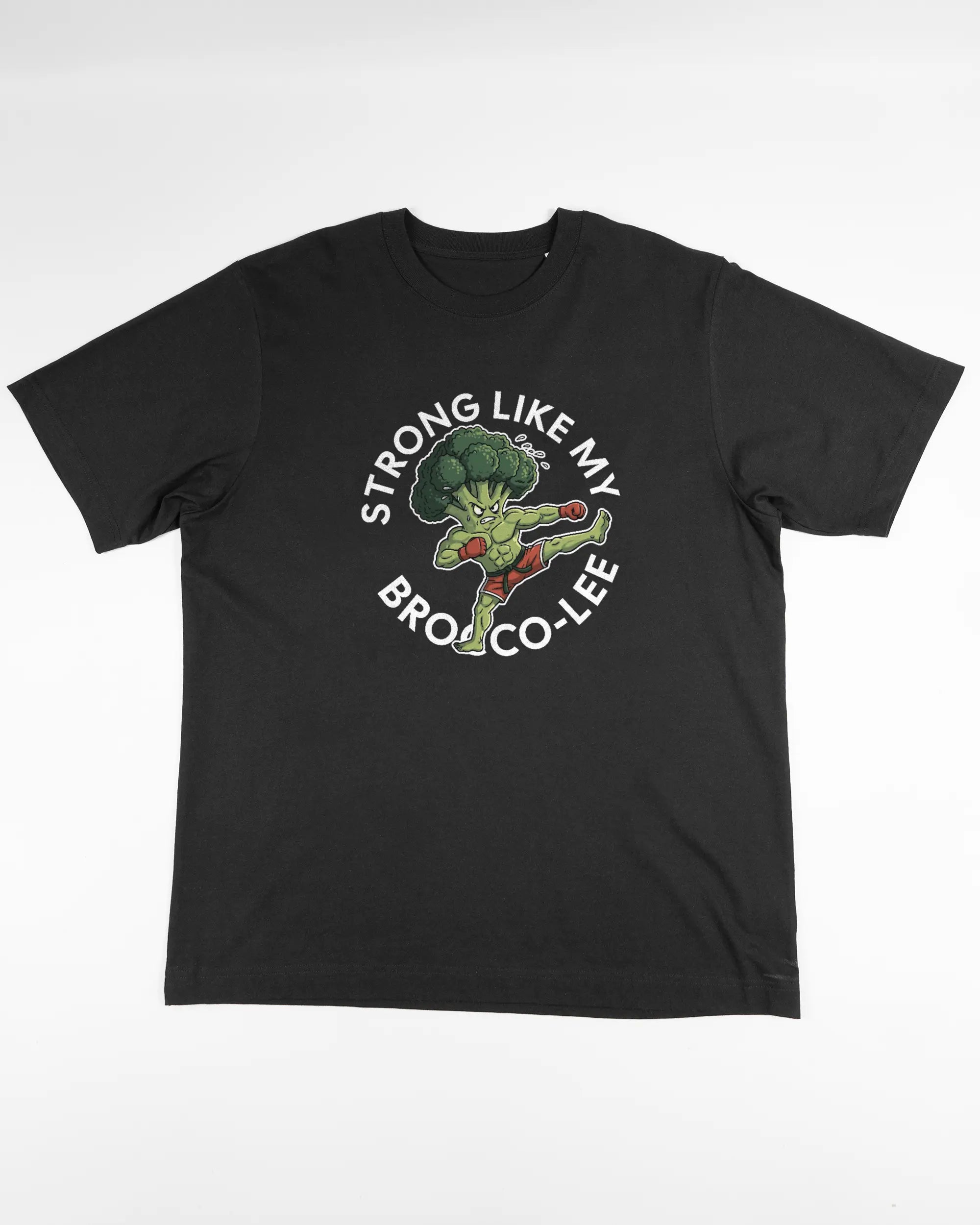 Vorderseite des Organic Unisex T-Shirt Heavy Oversized von Maondo mit dem Design Brocco-Lee in der Farbe Black und in der Größe L flach auf den Boden gelegt