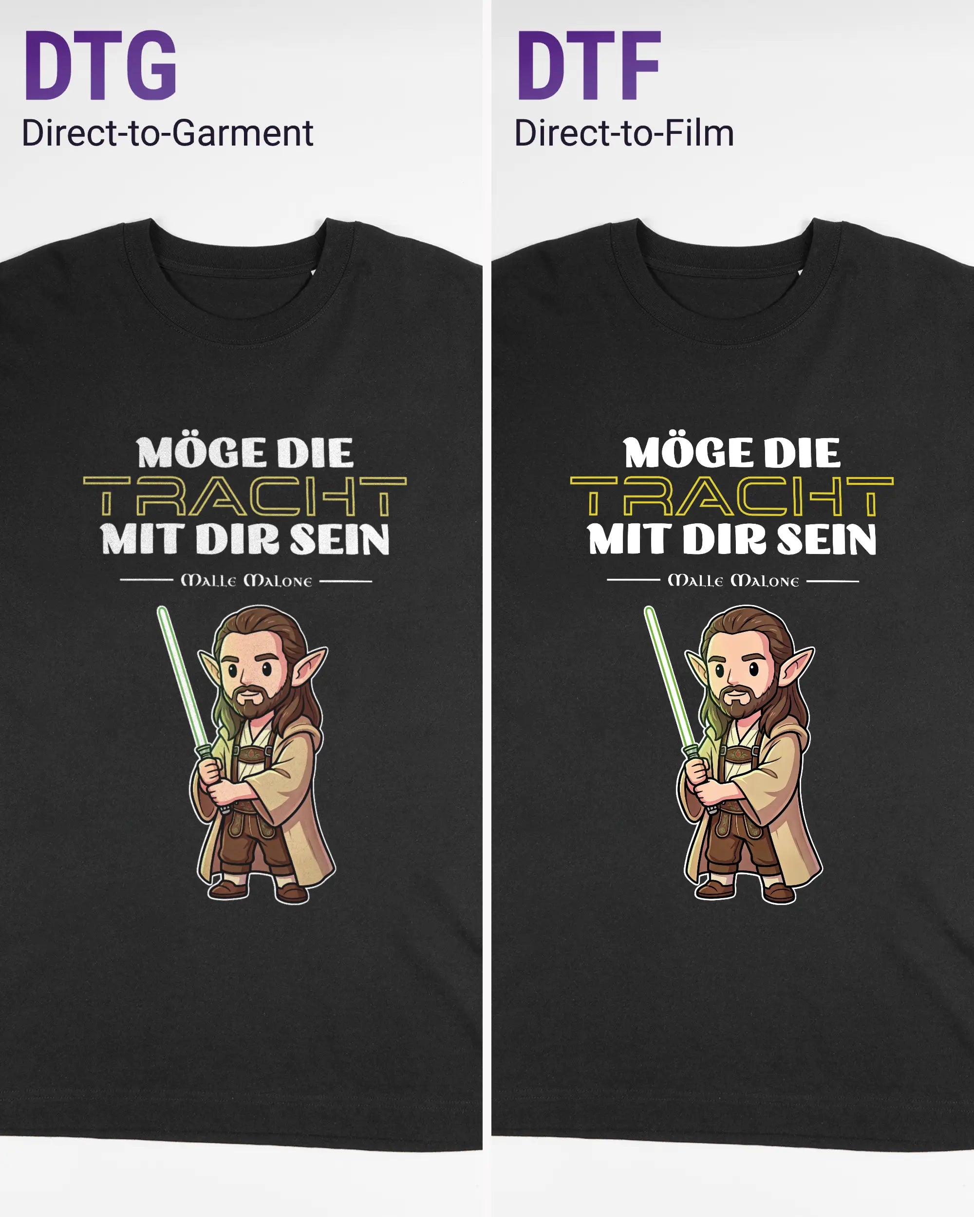 Vergleich der Vorderseiten des Organic Unisex T-Shirt Heavy Oversized von Maondo mit dem Design Tracht mit dir in der Farbe Black und in der Größe L links mit dem Direct-to-Garment und rechts mit dem Direct-to-Film Verfahren