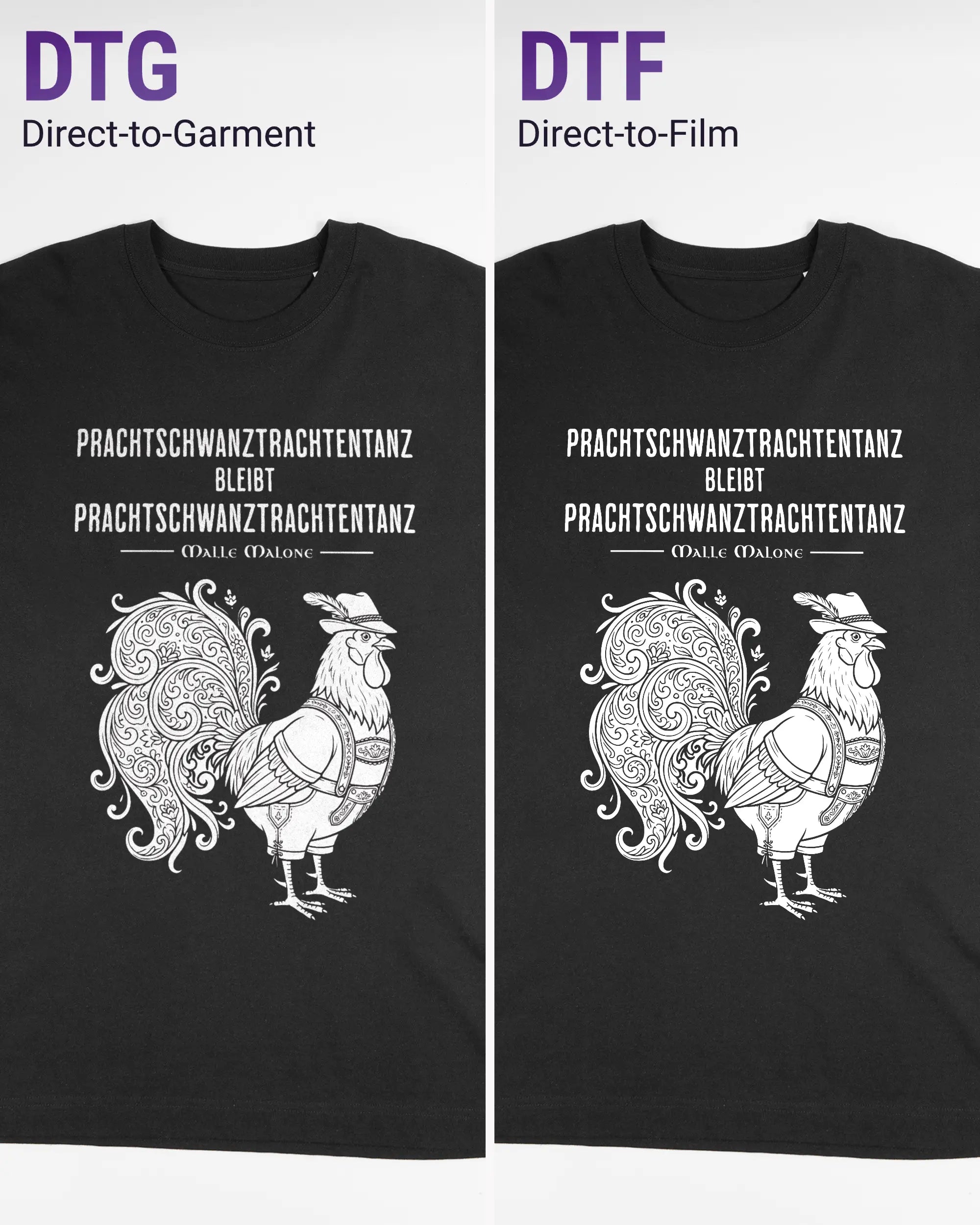 Vergleich der Vorderseiten des Organic Unisex T-Shirt Heavy Oversized von Maondo mit dem Design Trachtentanz in der Farbe Black und in der Größe L links mit dem Direct-to-Garment und rechts mit dem Direct-to-Film Verfahren