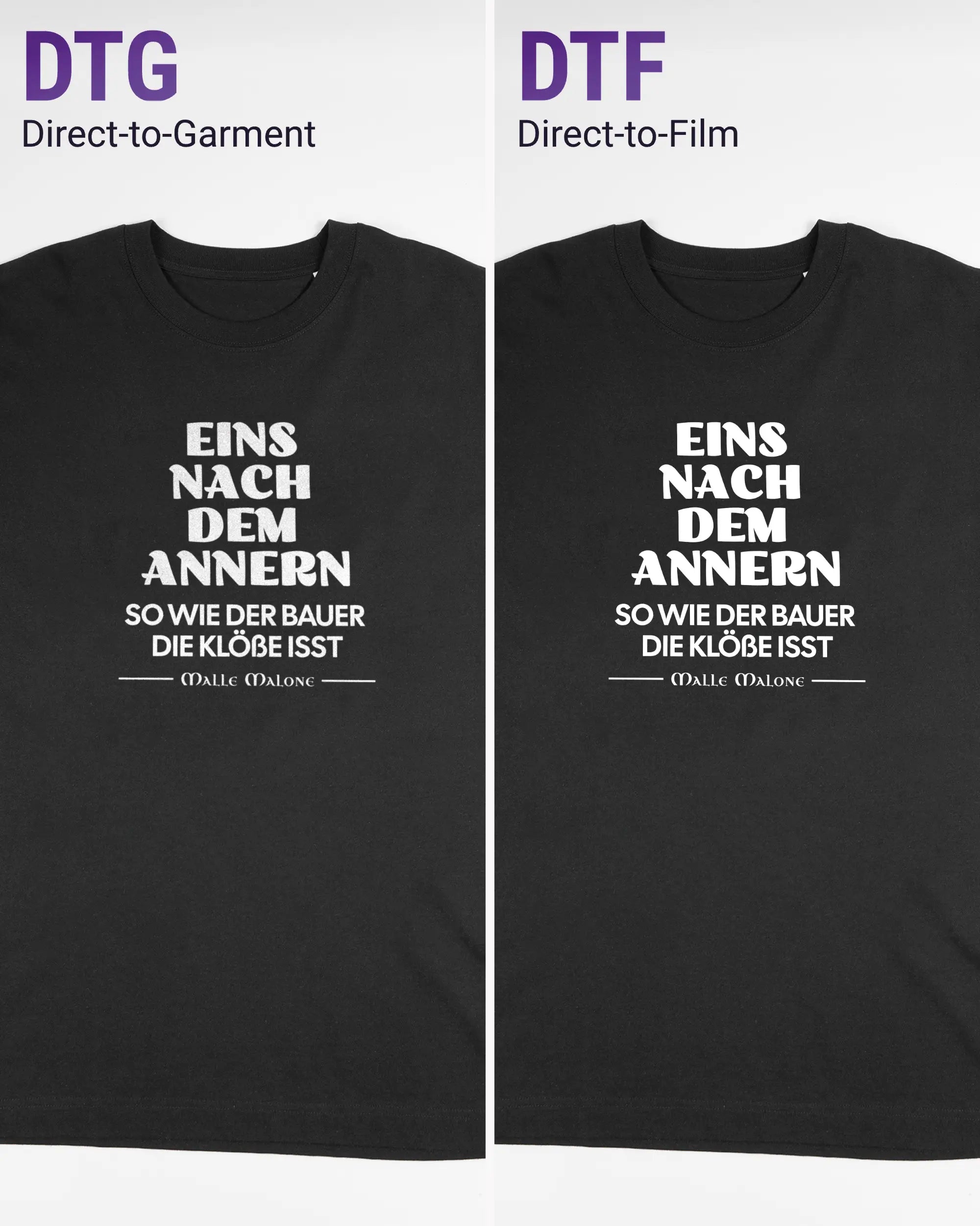 Vergleich der Vorderseiten des Organic Unisex T-Shirt Heavy Oversized von Maondo mit dem Design Eins nach dem Annern in der Farbe Black und in der Größe L links mit dem Direct-to-Garment und rechts mit dem Direct-to-Film Verfahren