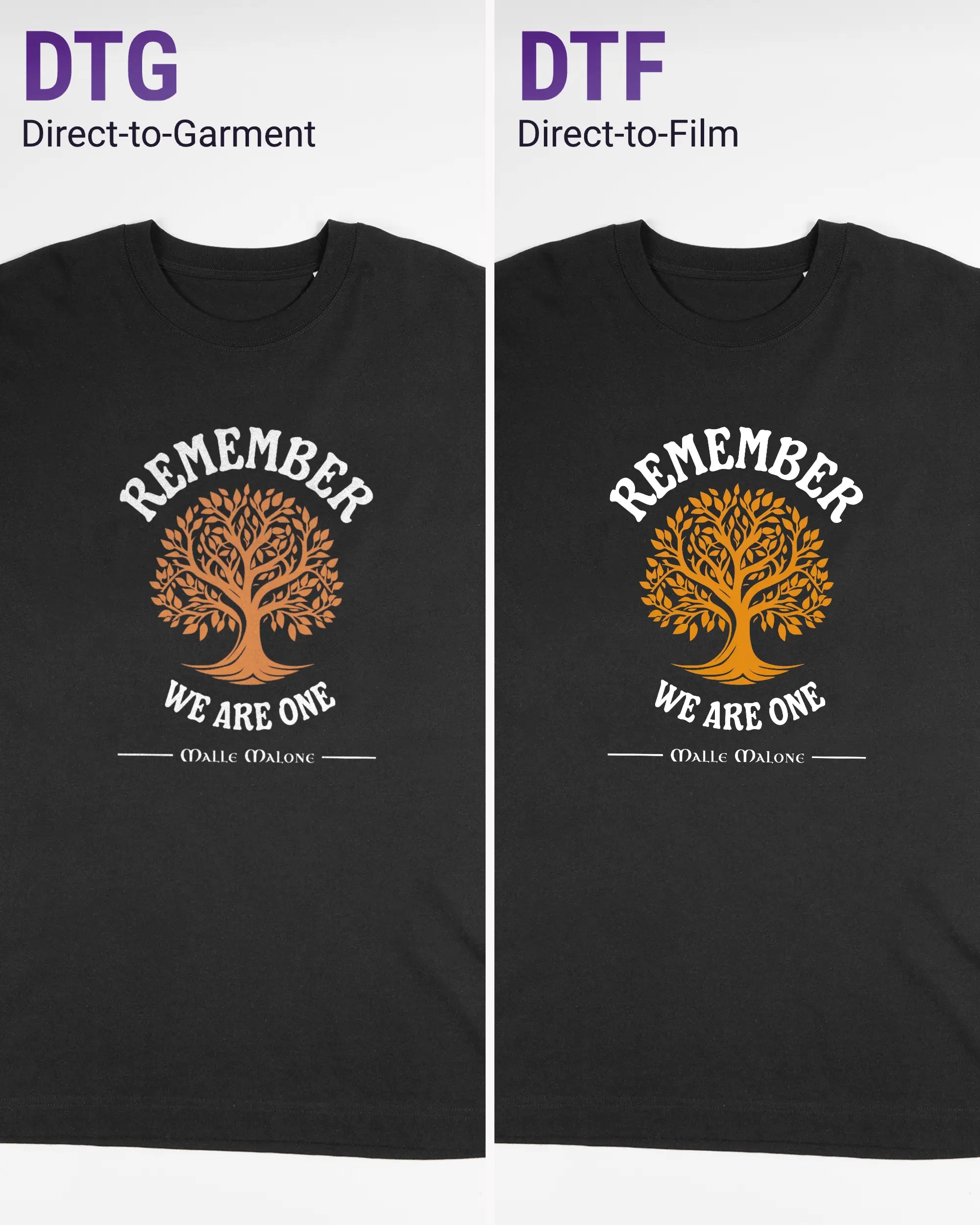 Vergleich der Vorderseiten des Organic Unisex T-Shirt Heavy Oversized von Maondo mit dem Design We are one in der Farbe Black und in der Größe L links mit dem Direct-to-Garment und rechts mit dem Direct-to-Film Verfahren