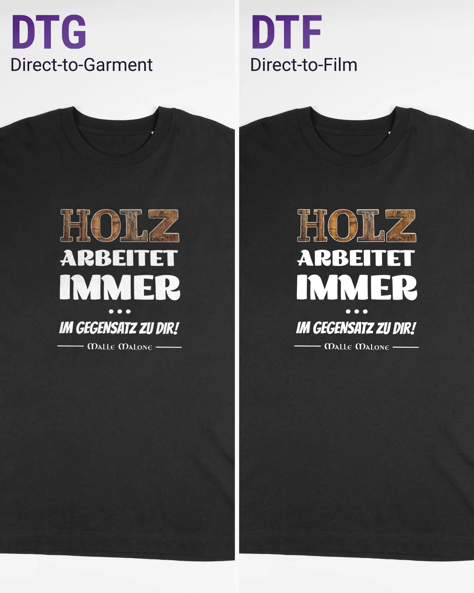 Vergleich der Vorderseiten des Organic Unisex T-Shirt Heavy Oversized von Maondo mit dem Design Holzarbeit in der Farbe Black und in der Größe L links mit dem Direct-to-Garment und rechts mit dem Direct-to-Film Verfahren