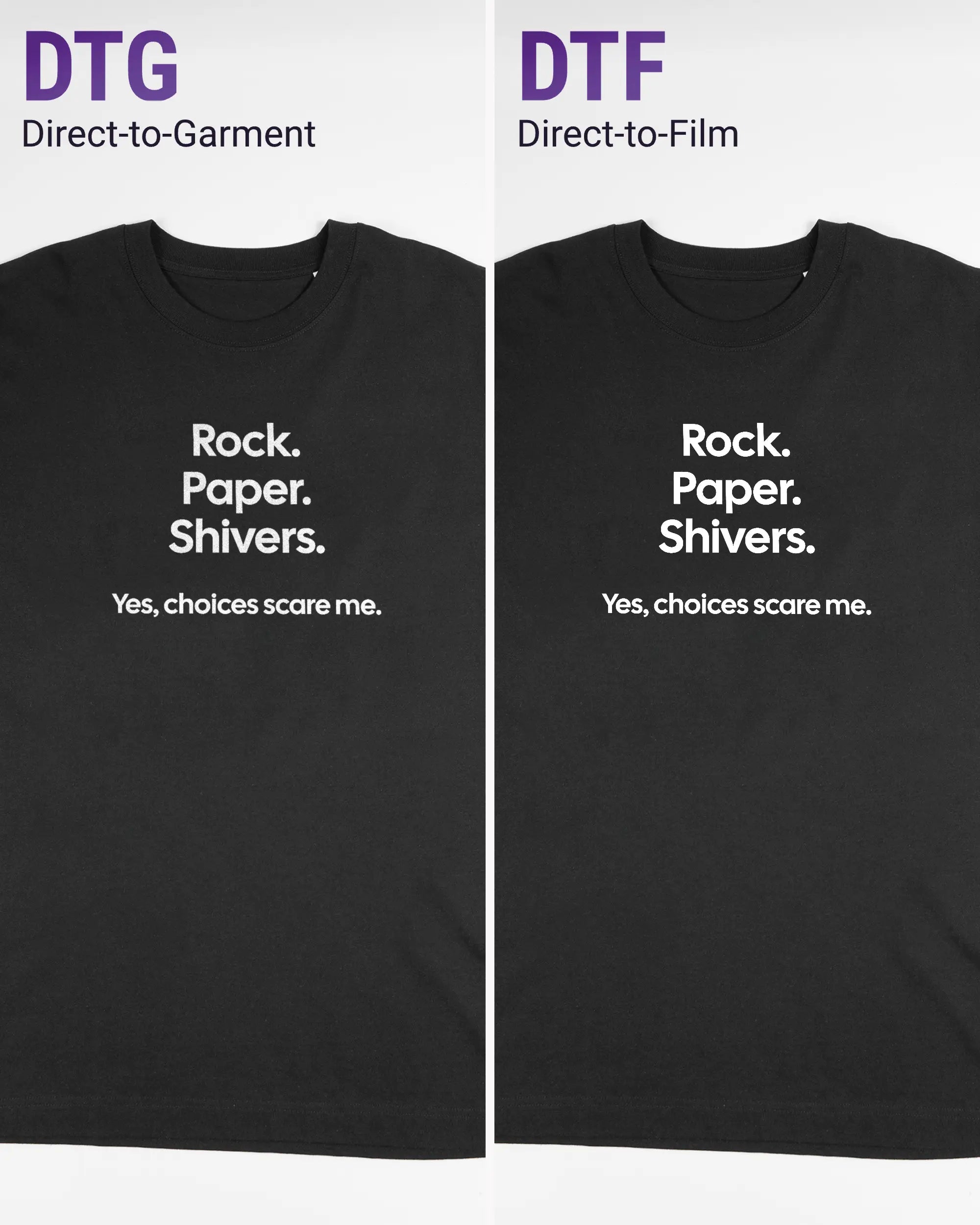 Vergleich der Vorderseiten des Organic Unisex T-Shirt Heavy Oversized von Maondo mit dem Design Rock Paper Shivers in der Farbe Black und in der Größe L links mit dem Direct-to-Garment und rechts mit dem Direct-to-Film Verfahren