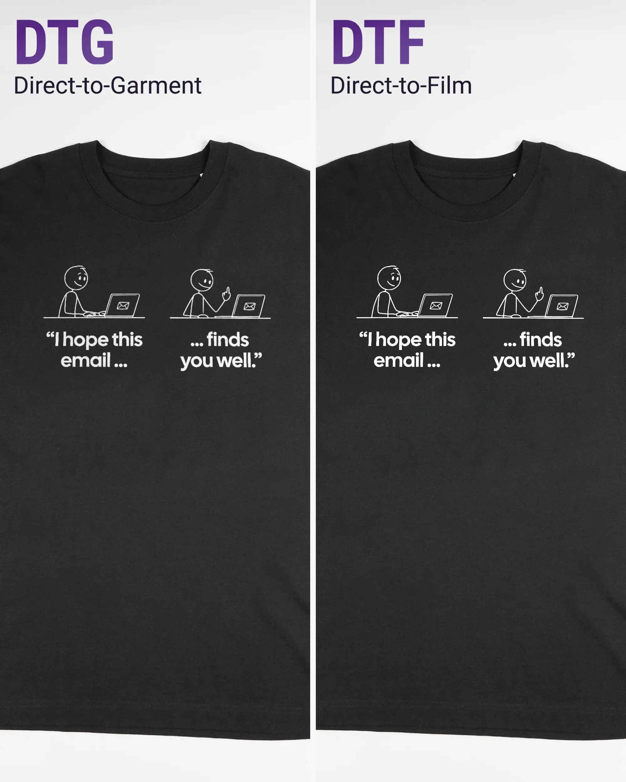 Vergleich der Vorderseiten des Organic Unisex T-Shirt Heavy Oversized von Maondo mit dem Design Found me not well in der Farbe Black und in der Größe L links mit dem Direct-to-Garment und rechts mit dem Direct-to-Film Verfahren