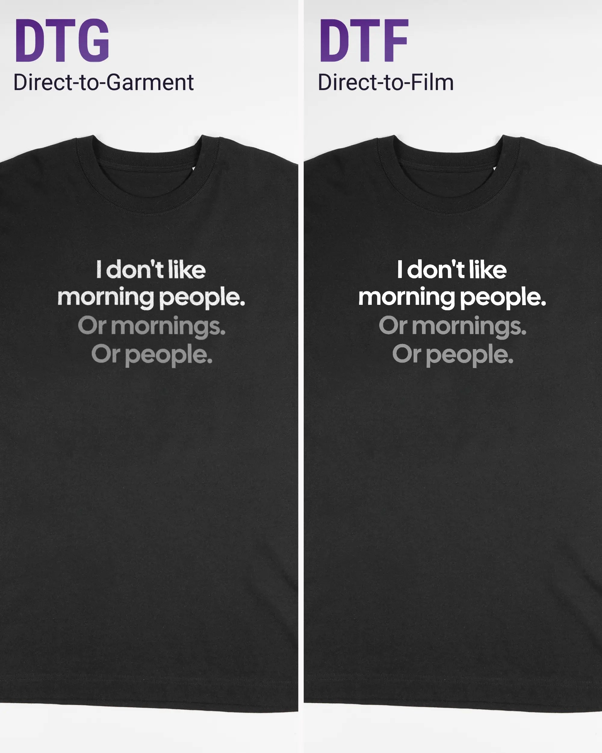 Vergleich der Vorderseiten des Organic Unisex T-Shirt Heavy Oversized von Maondo mit dem Design Morning Person in der Farbe Black und in der Größe L links mit dem Direct-to-Garment und rechts mit dem Direct-to-Film Verfahren