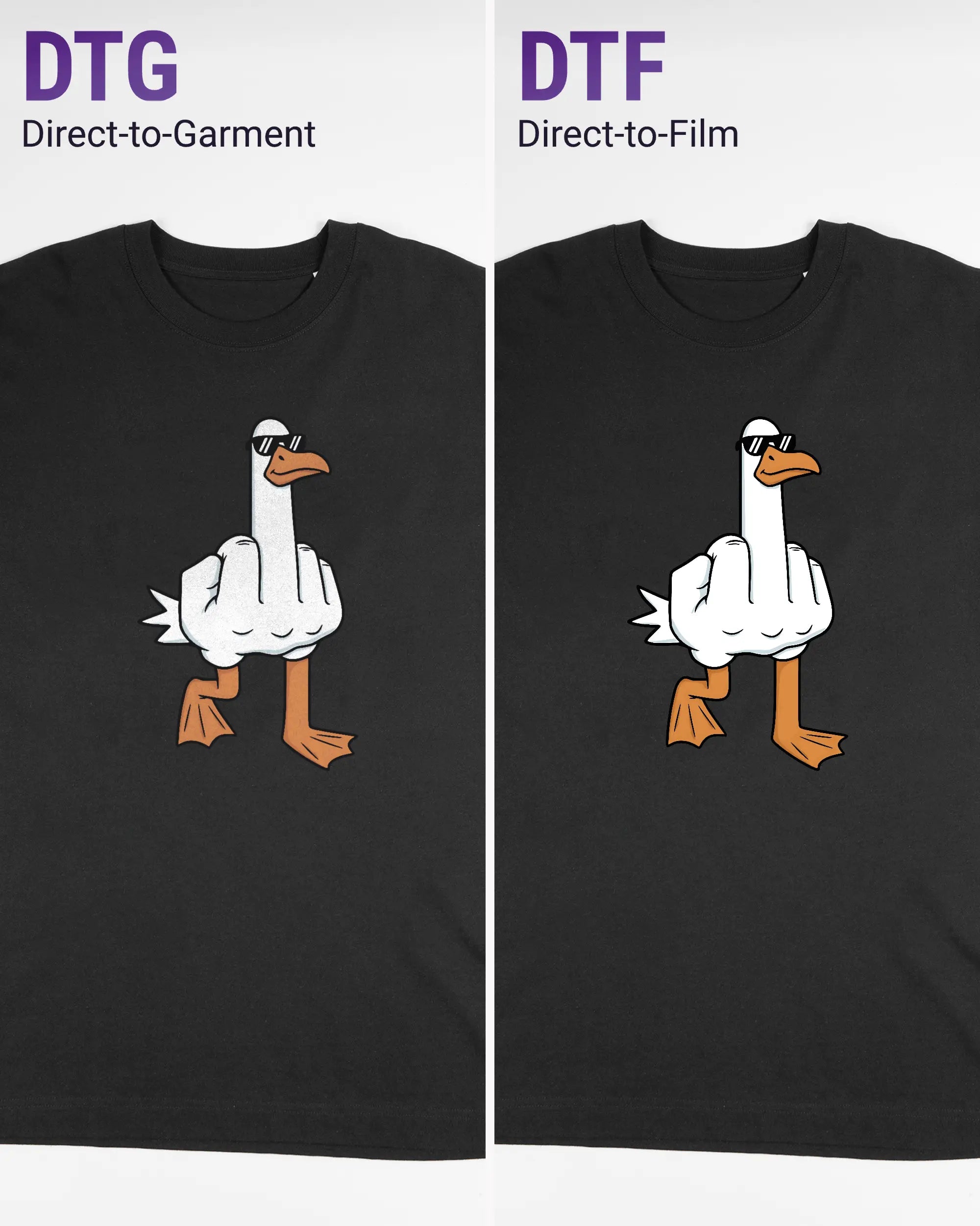 Vergleich der Vorderseiten des Organic Unisex T-Shirt Heavy Oversized von Maondo mit dem Design I give a duck in der Farbe Black und in der Größe L links mit dem Direct-to-Garment und rechts mit dem Direct-to-Film Verfahren