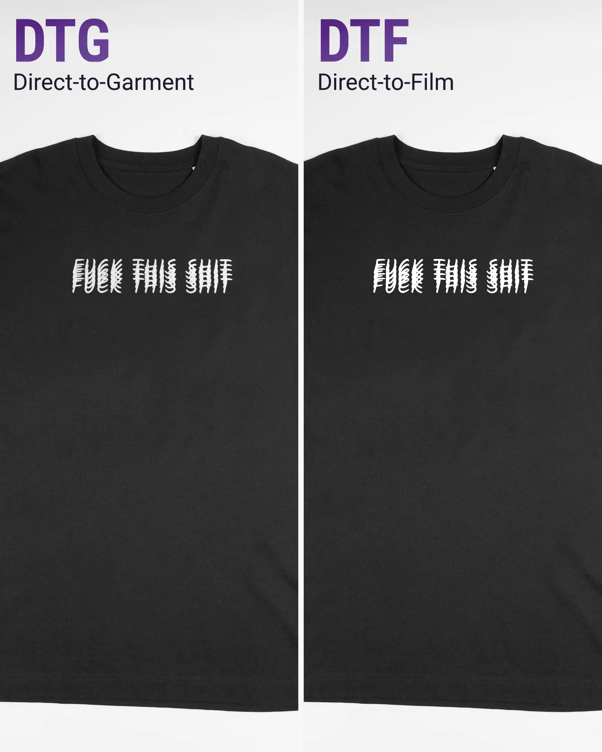 Vergleich der Vorderseiten des Organic Unisex T-Shirt Heavy Oversized von Maondo mit dem Design Hidden Message in der Farbe Black und in der Größe L links mit dem Direct-to-Garment und rechts mit dem Direct-to-Film Verfahren