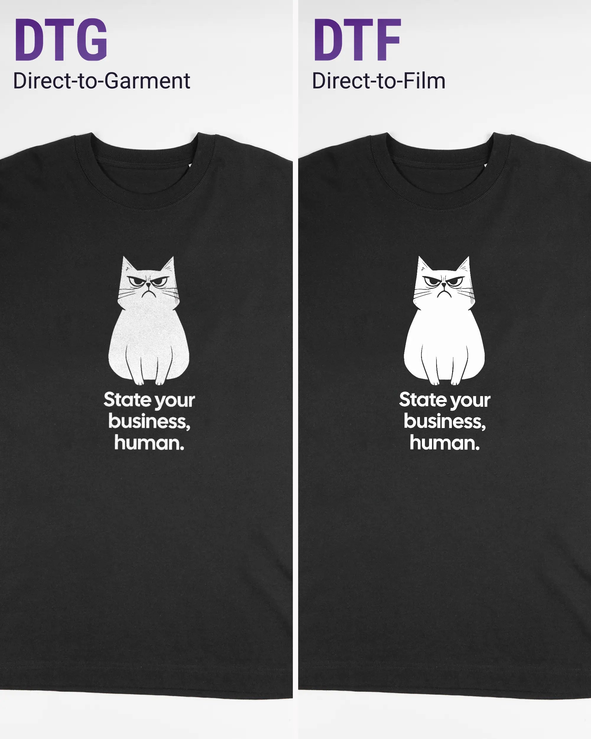Vergleich der Vorderseiten des Organic Unisex T-Shirt Heavy Oversized von Maondo mit dem Design Grumpy Purr in der Farbe Black und in der Größe L links mit dem Direct-to-Garment und rechts mit dem Direct-to-Film Verfahren