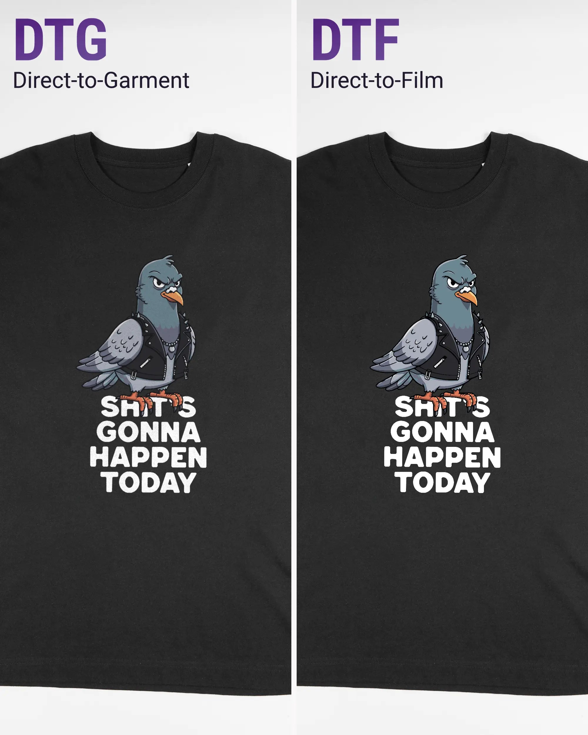 Vergleich der Vorderseiten des Organic Unisex T-Shirt Heavy Oversized von Maondo mit dem Design Pigeon Pun in der Farbe Black und in der Größe L links mit dem Direct-to-Garment und rechts mit dem Direct-to-Film Verfahren