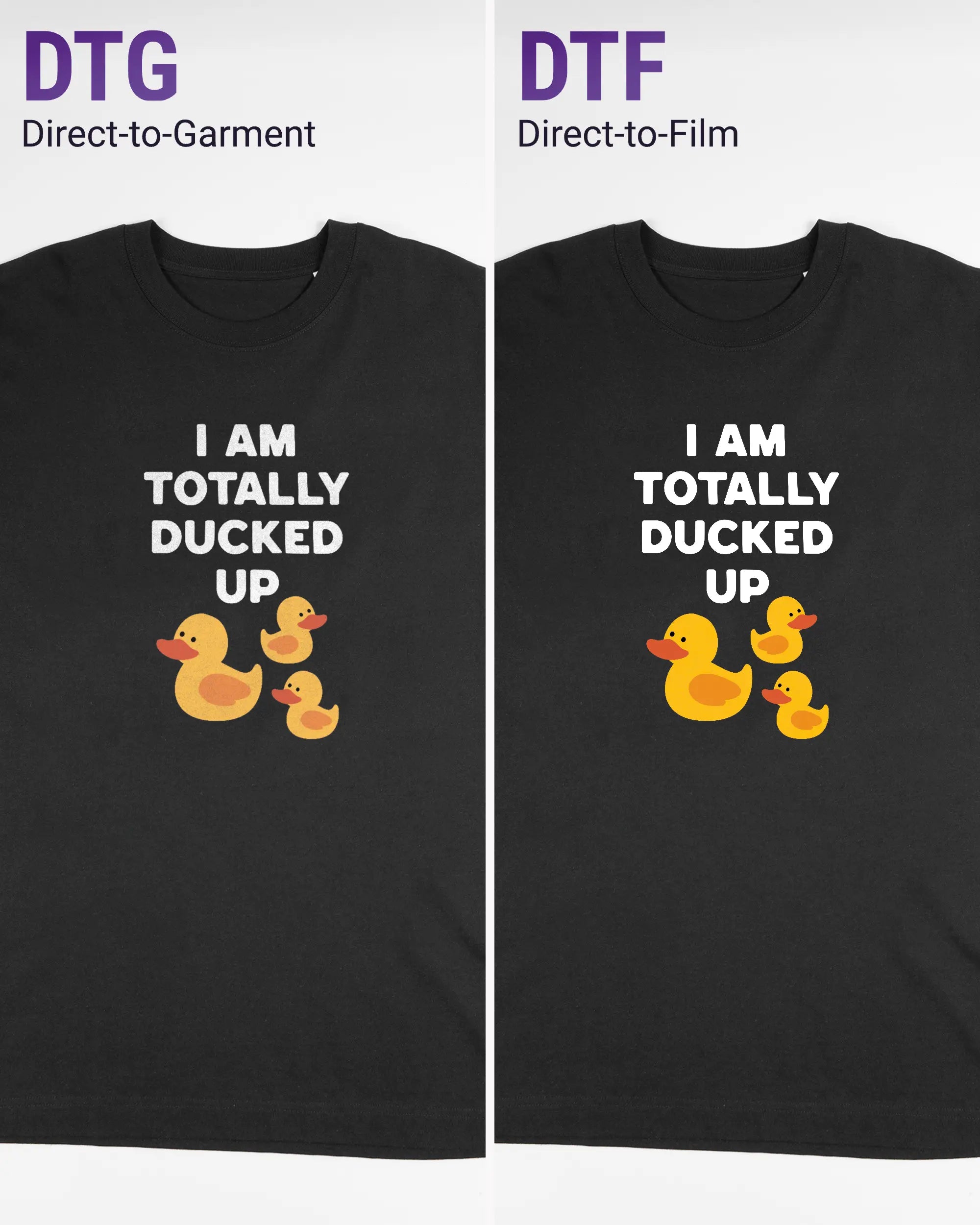 Vergleich der Vorderseiten des Organic Unisex T-Shirt Heavy Oversized von Maondo mit dem Design Ducked Up in der Farbe Black und in der Größe L links mit dem Direct-to-Garment und rechts mit dem Direct-to-Film Verfahren