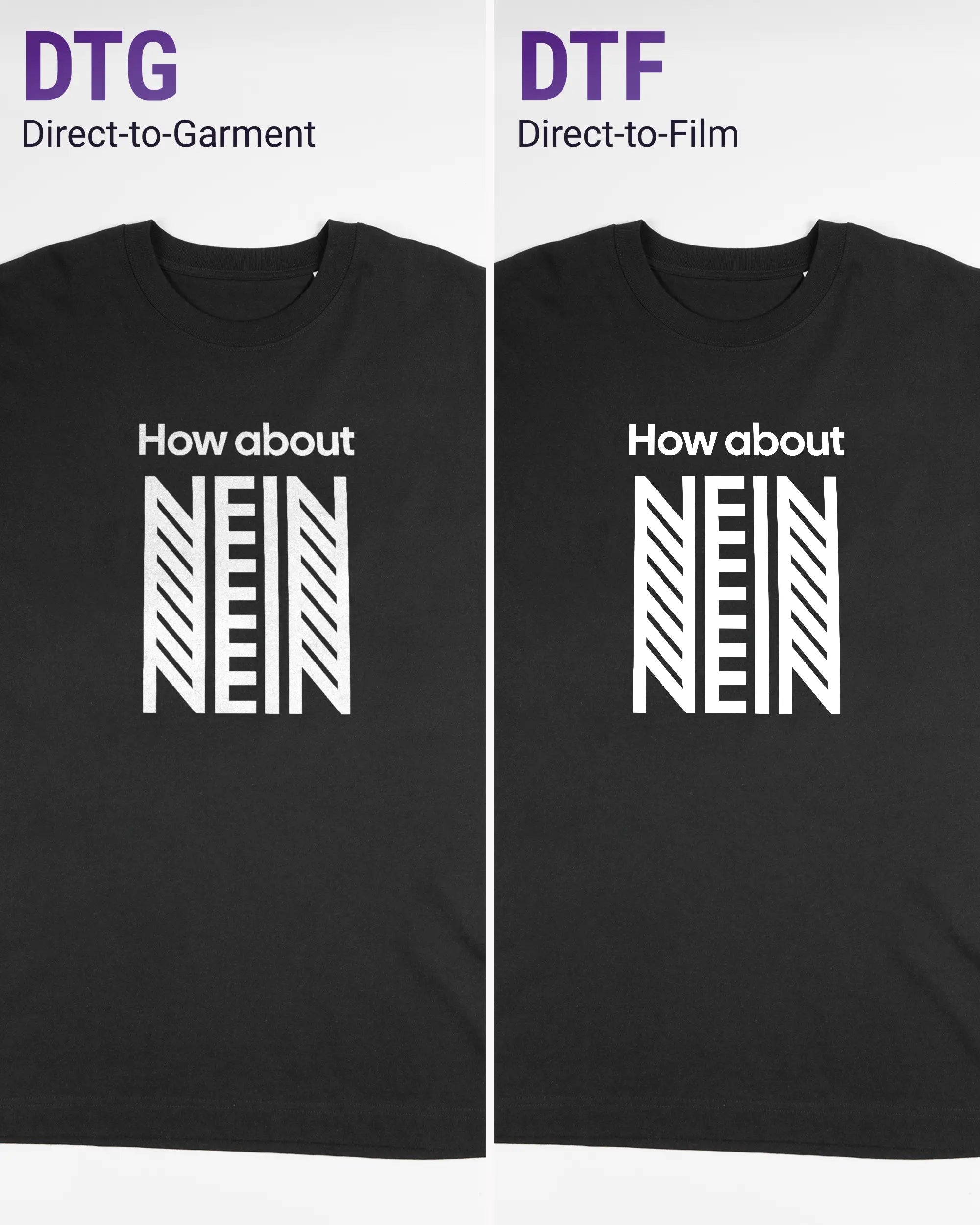 Vergleich der Vorderseiten des Organic Unisex T-Shirt Heavy Oversized von Maondo mit dem Design How about nein in der Farbe Black und in der Größe L links mit dem Direct-to-Garment und rechts mit dem Direct-to-Film Verfahren