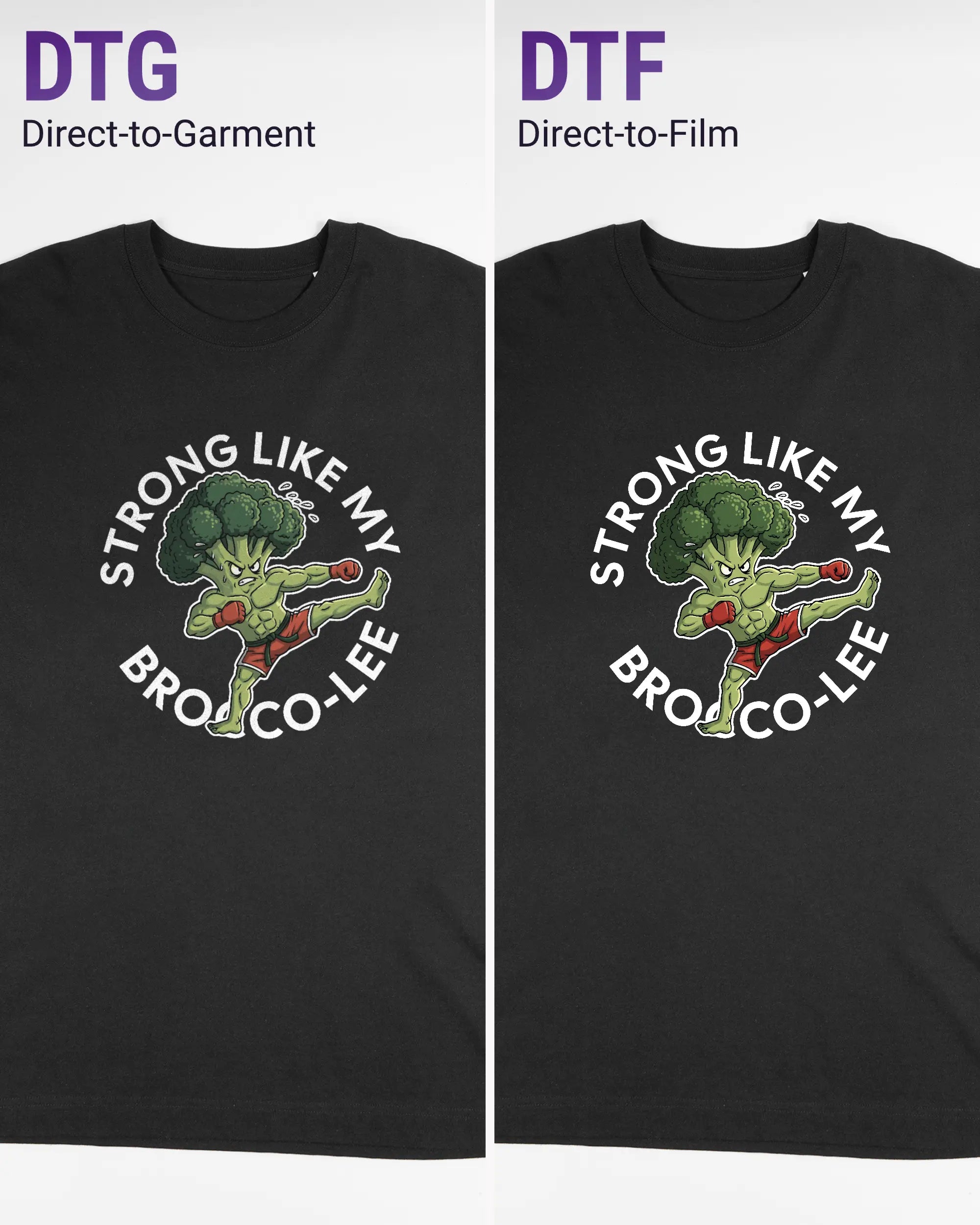 Vergleich der Vorderseiten des Organic Unisex T-Shirt Heavy Oversized von Maondo mit dem Design Brocco-Lee in der Farbe Black und in der Größe L links mit dem Direct-to-Garment und rechts mit dem Direct-to-Film Verfahren