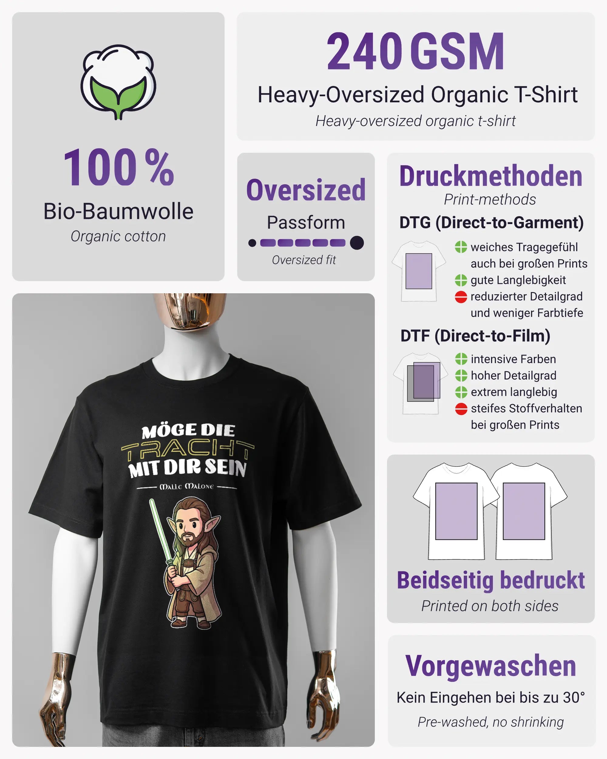 Produktinformationsblatt des Organic Unisex T-Shirt Heavy Oversized von Maondo mit dem Design Tracht mit dir vorne in der Farbe Black und in der Größe S