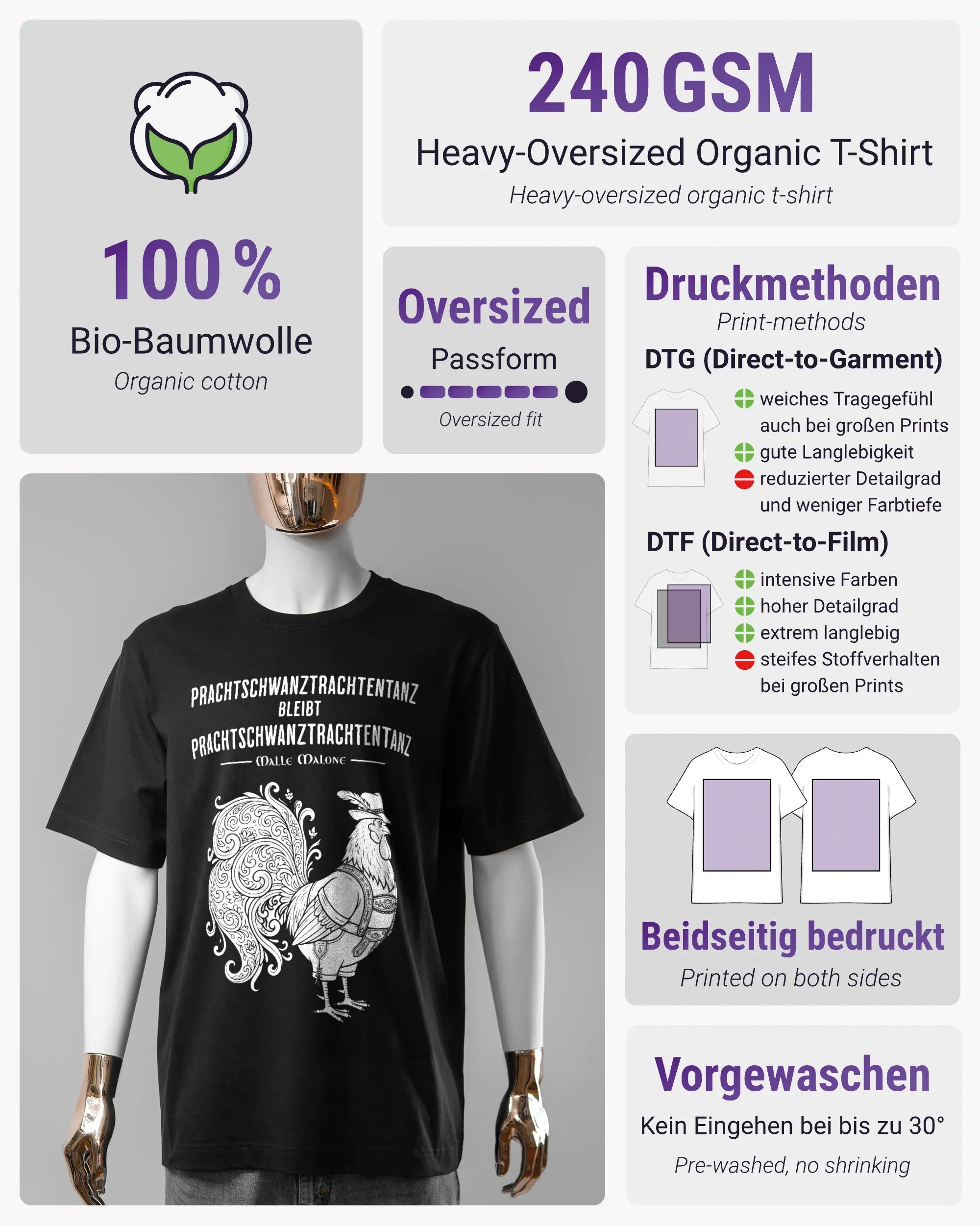 Produktinformationsblatt des Organic Unisex T-Shirt Heavy Oversized von Maondo mit dem Design Trachtentanz vorne in der Farbe Black und in der Größe S