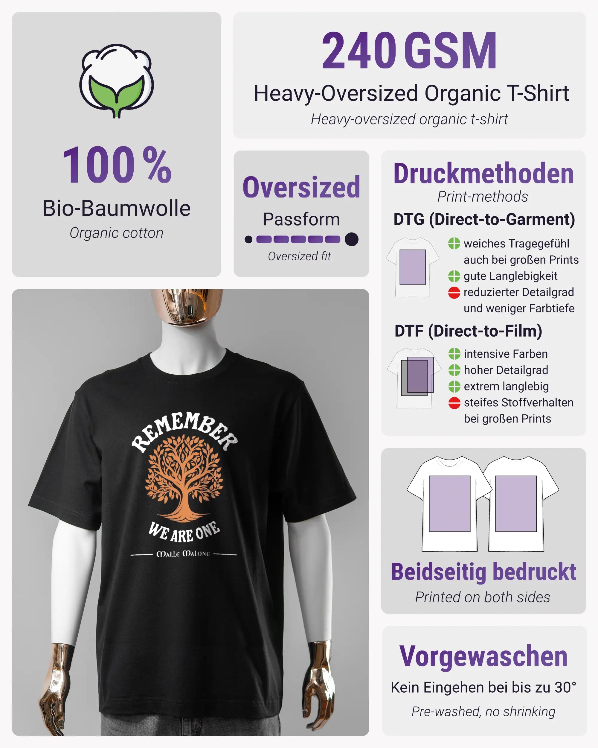 Produktinformationsblatt des Organic Unisex T-Shirt Heavy Oversized von Maondo mit dem Design We are one vorne in der Farbe Black und in der Größe S