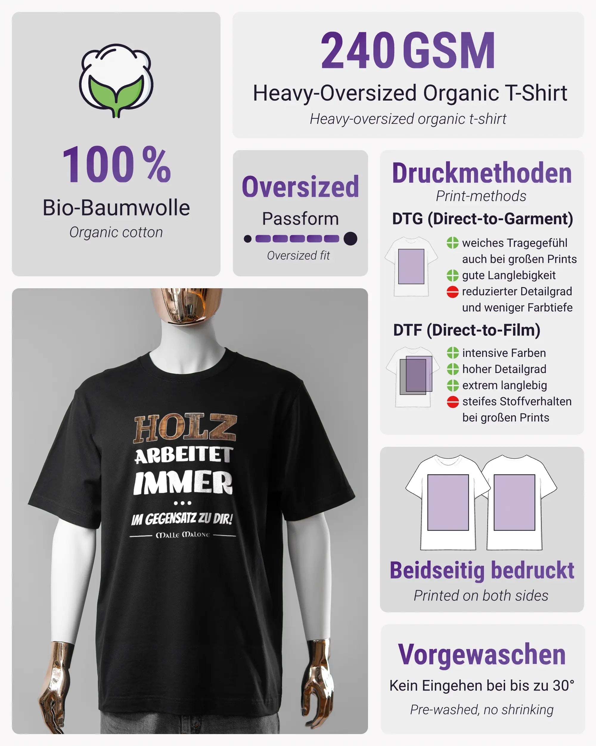 Produktinformationsblatt des Organic Unisex T-Shirt Heavy Oversized von Maondo mit dem Design Holzarbeit vorne in der Farbe Black und in der Größe S