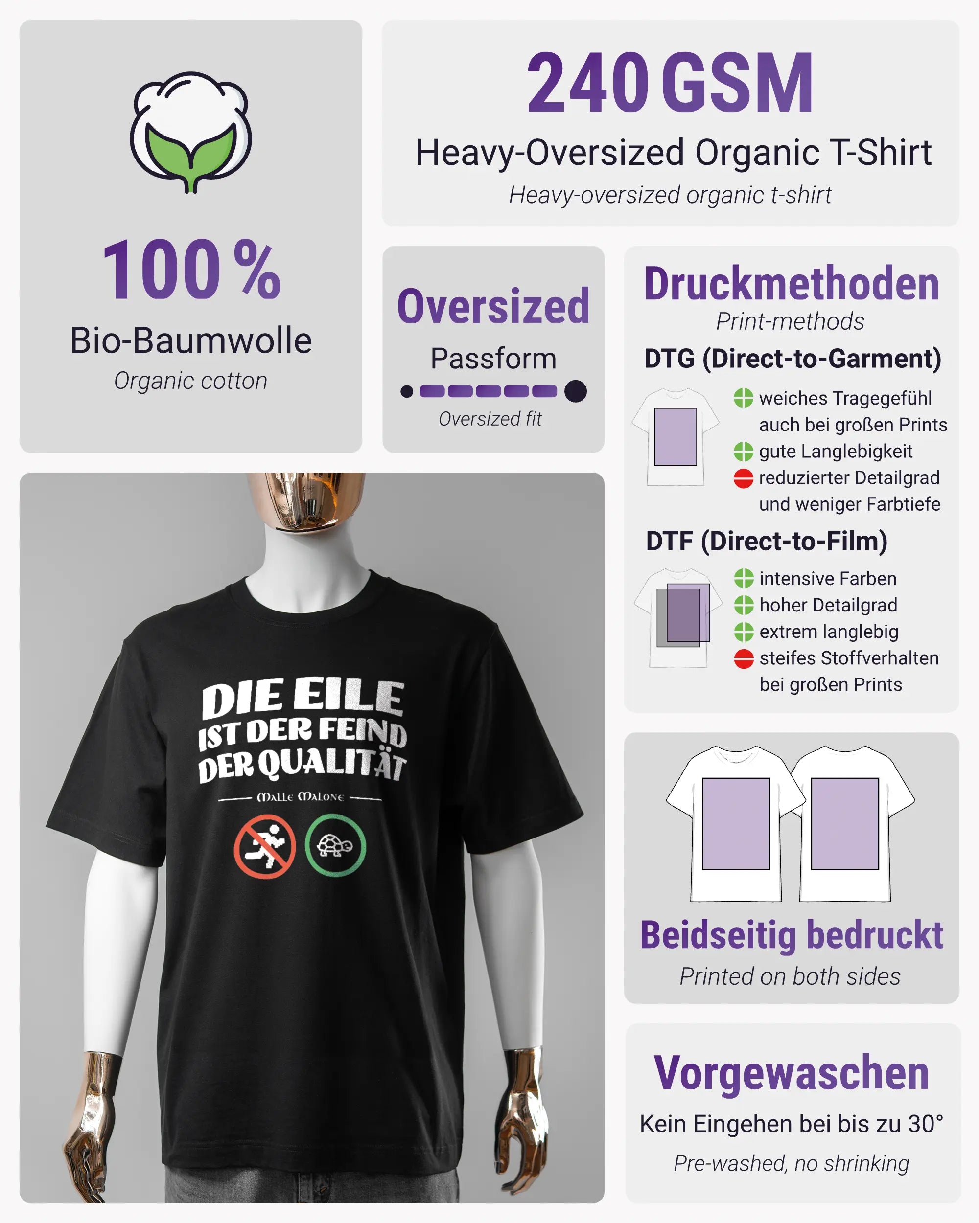 Produktinformationsblatt des Organic Unisex T-Shirt Heavy Oversized von Maondo mit dem Design Keine Eile vorne in der Farbe Black und in der Größe S