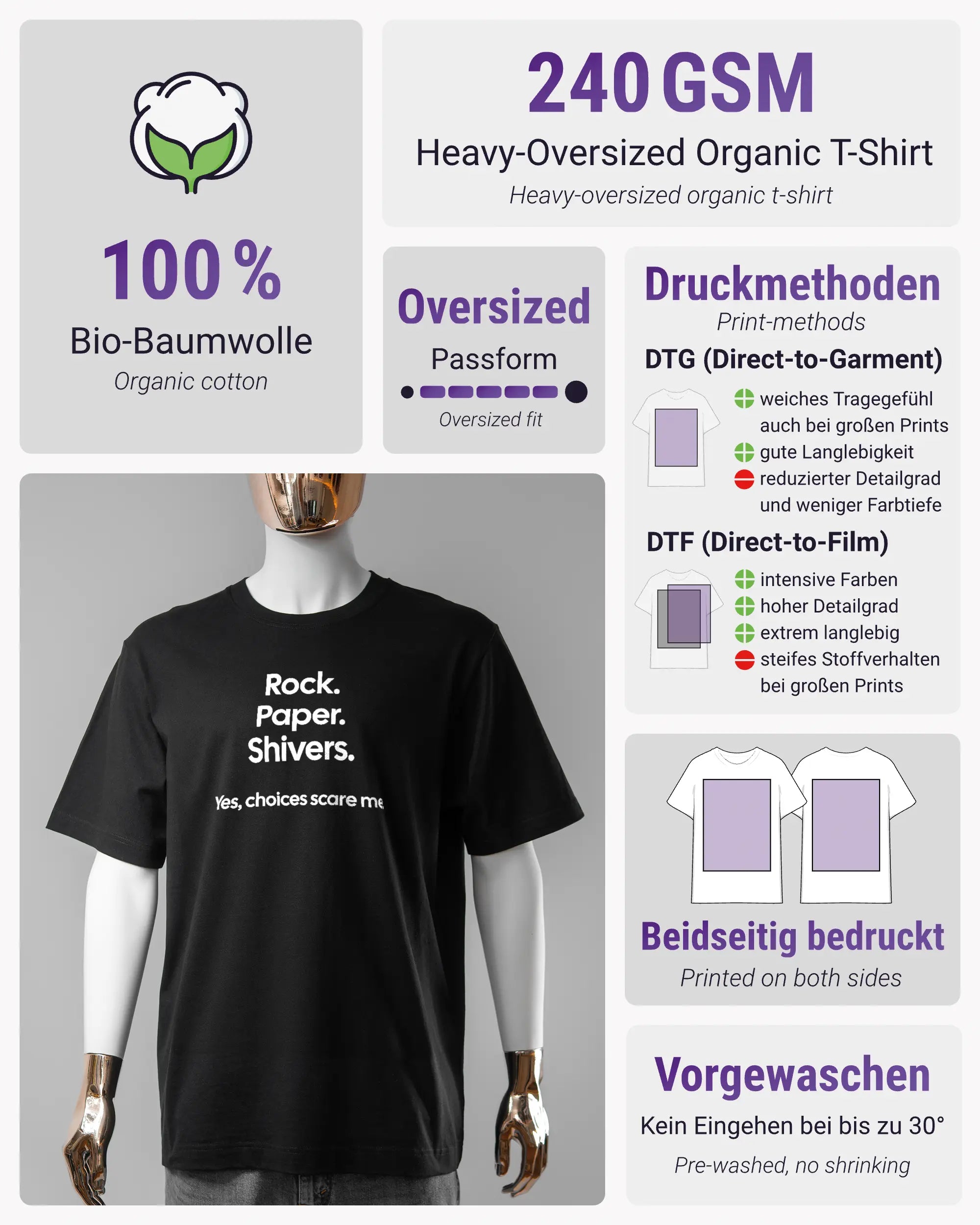 Produktinformationsblatt des Organic Unisex T-Shirt Heavy Oversized von Maondo mit dem Design Rock Paper Shivers vorne in der Farbe Black und in der Größe S