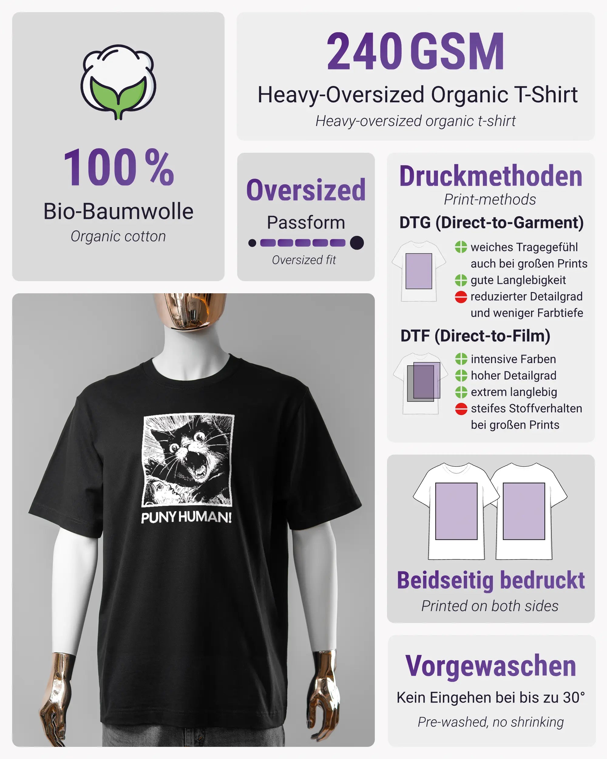 Produktinformationsblatt des Organic Unisex T-Shirt Heavy Oversized von Maondo mit dem Design Puny Human vorne in der Farbe Black und in der Größe S