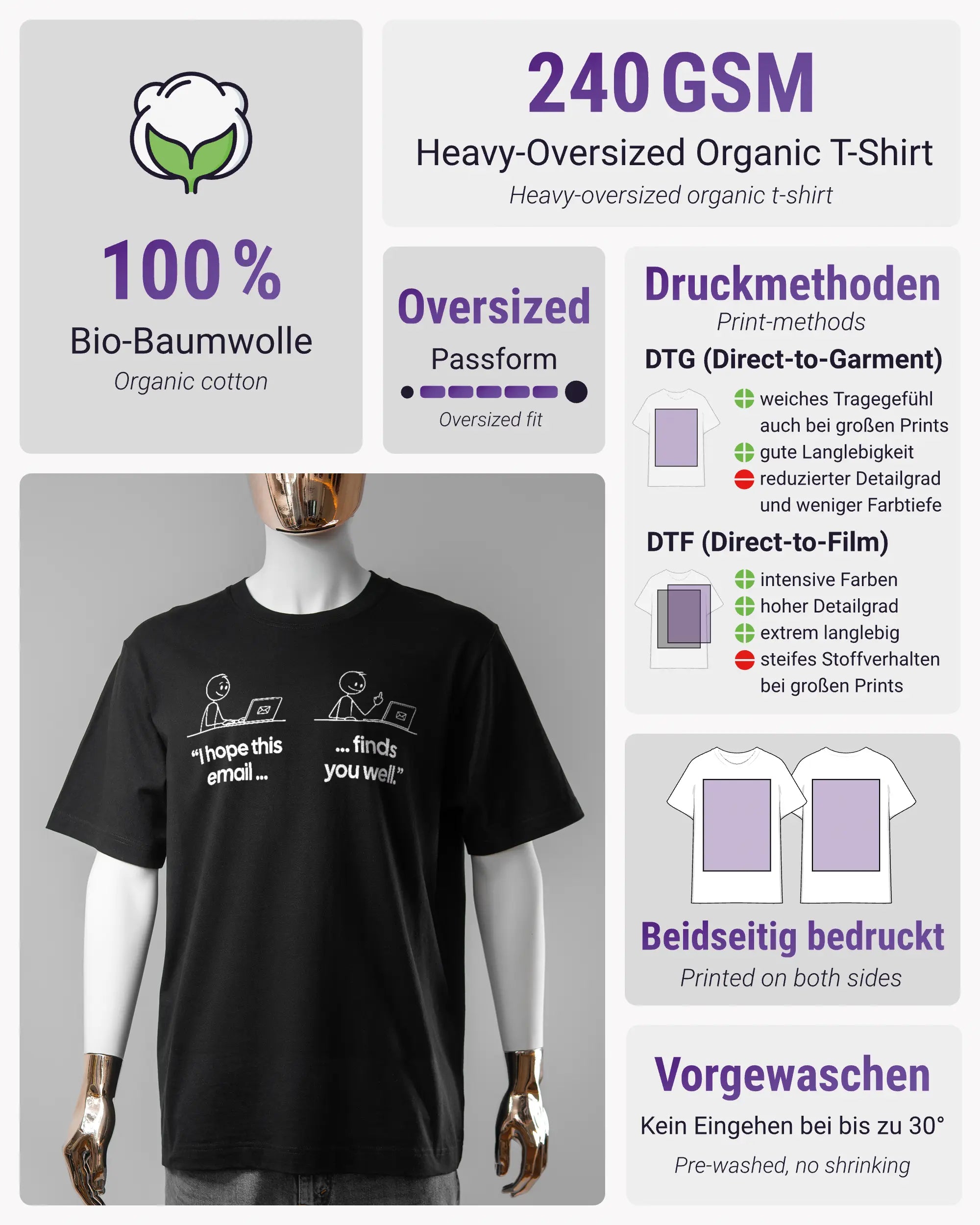 Produktinformationsblatt des Organic Unisex T-Shirt Heavy Oversized von Maondo mit dem Design Found me not well vorne in der Farbe Black und in der Größe S