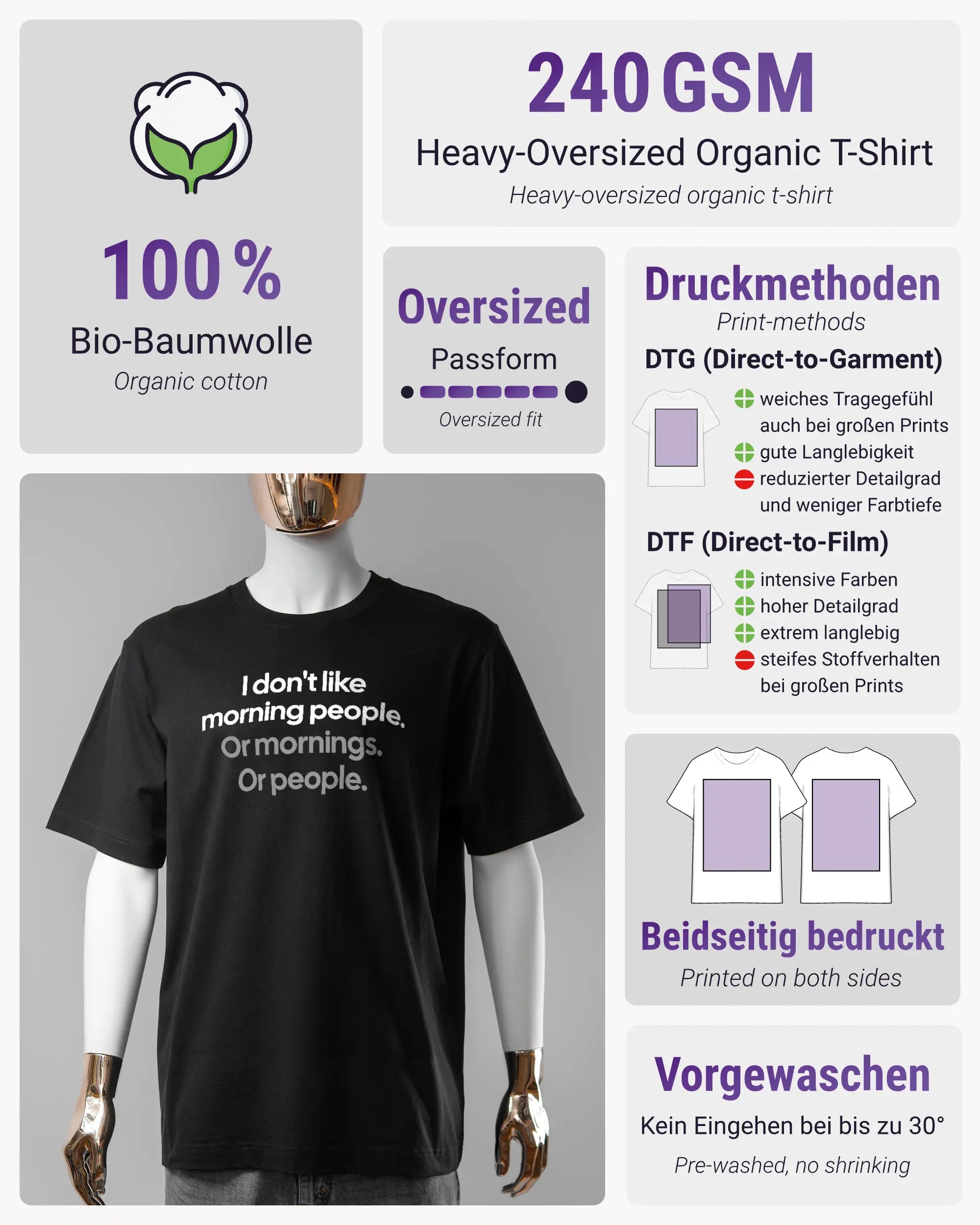Produktinformationsblatt des Organic Unisex T-Shirt Heavy Oversized von Maondo mit dem Design Morning Person vorne in der Farbe Black und in der Größe S