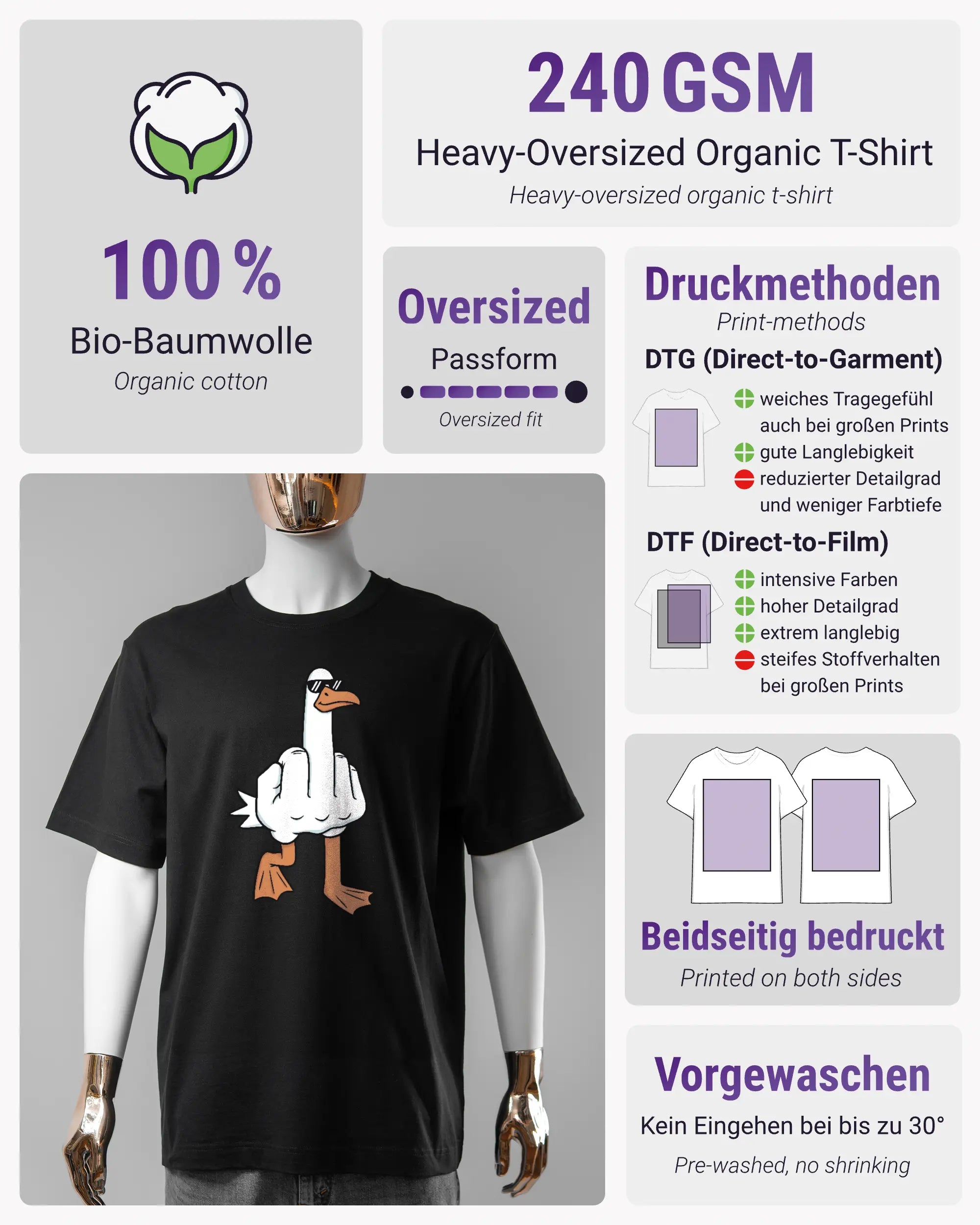 Produktinformationsblatt des Organic Unisex T-Shirt Heavy Oversized von Maondo mit dem Design I give a duck vorne in der Farbe Black und in der Größe S