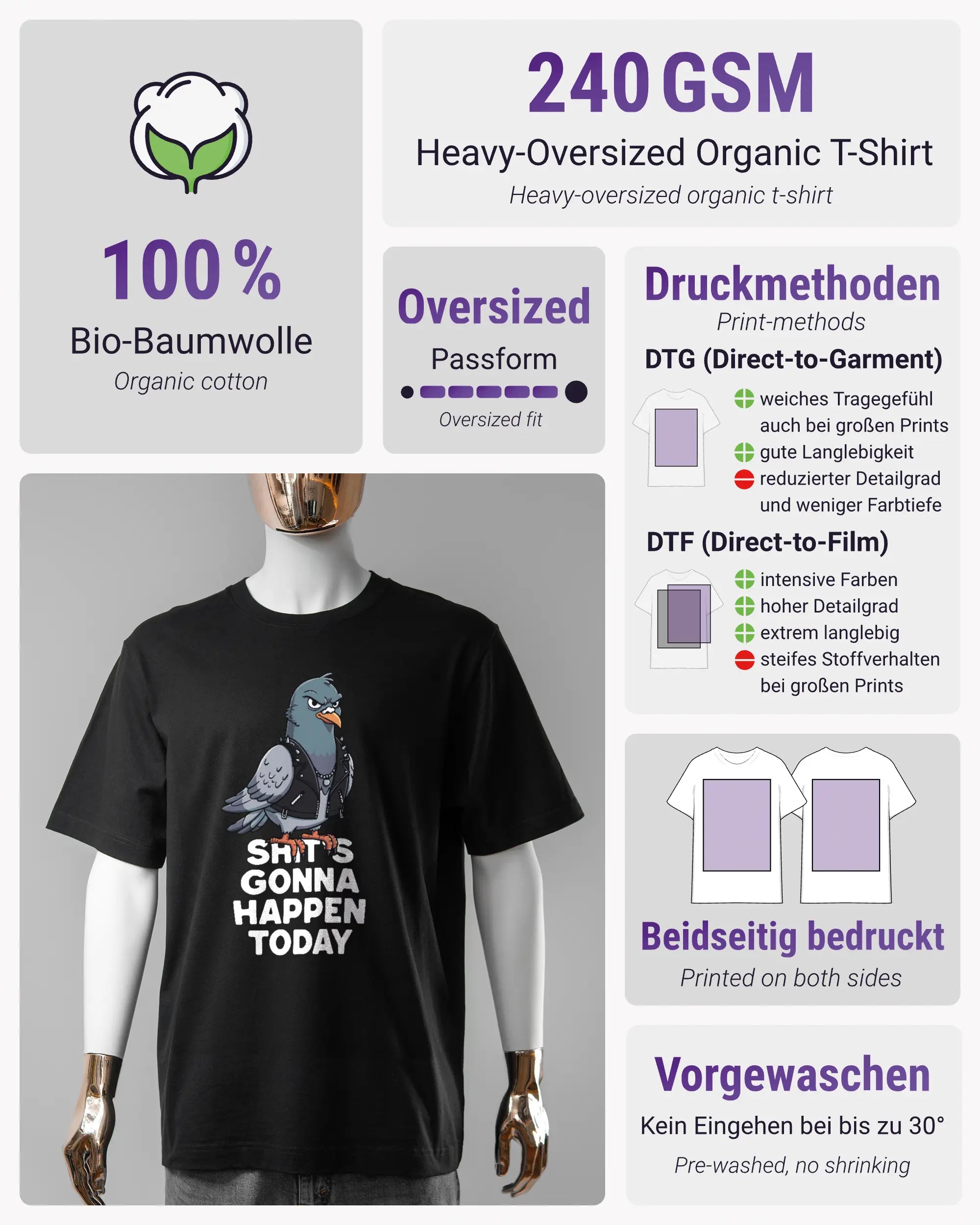 Produktinformationsblatt des Organic Unisex T-Shirt Heavy Oversized von Maondo mit dem Design Pigeon Pun vorne in der Farbe Black und in der Größe S