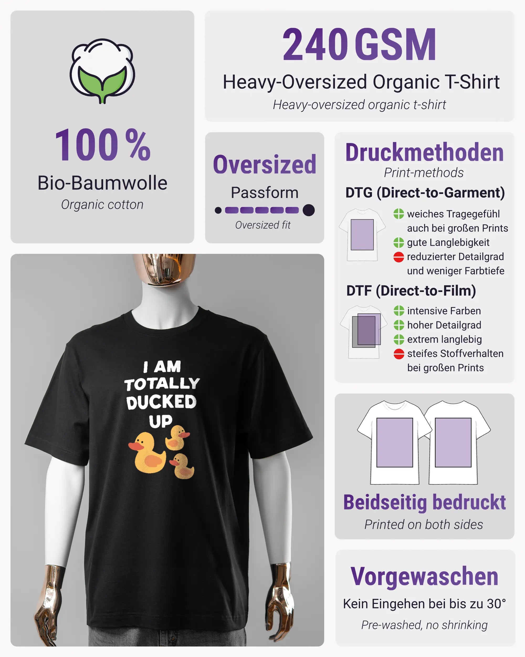 Produktinformationsblatt des Organic Unisex T-Shirt Heavy Oversized von Maondo mit dem Design Ducked Up vorne in der Farbe Black und in der Größe S
