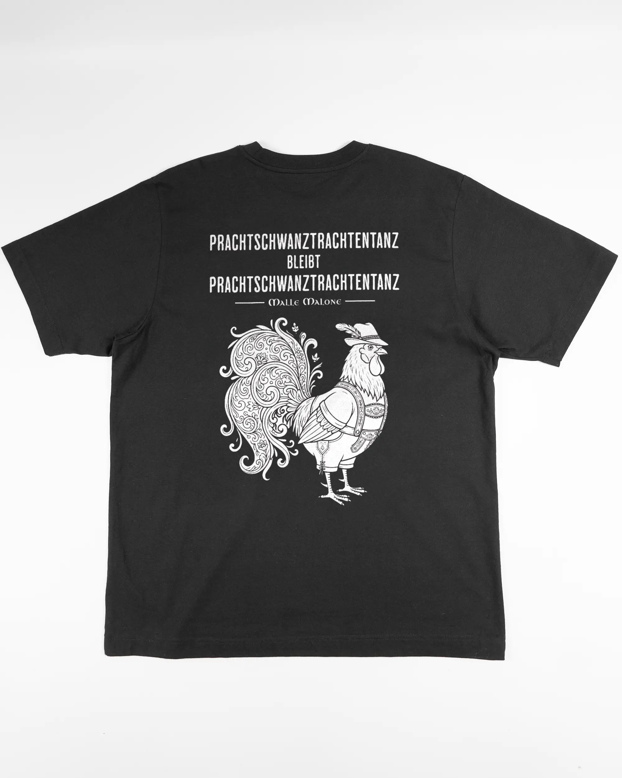 Rückseite des Organic Unisex T-Shirt Heavy Oversized von Maondo mit dem Design Trachtentanz in der Farbe Black und in der Größe L flach auf den Boden gelegt