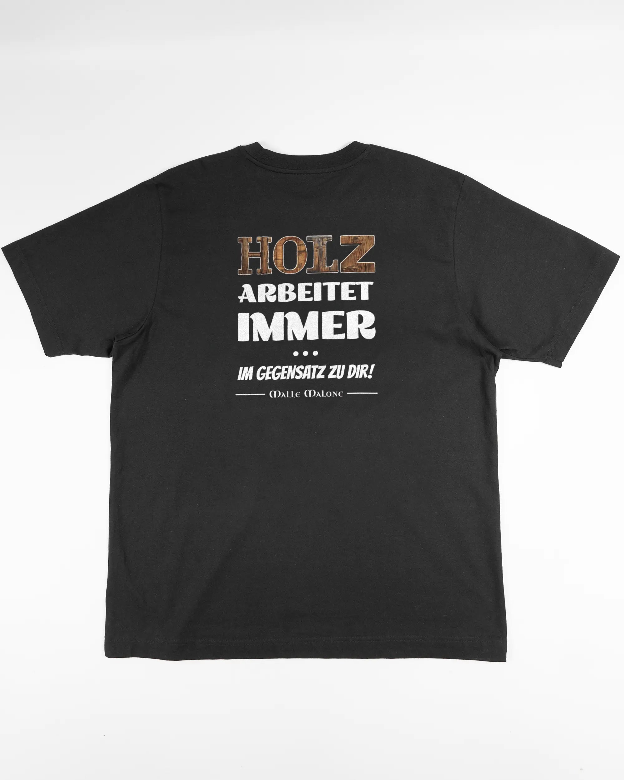 Rückseite des Organic Unisex T-Shirt Heavy Oversized von Maondo mit dem Design Holzarbeit in der Farbe Black und in der Größe L flach auf den Boden gelegt