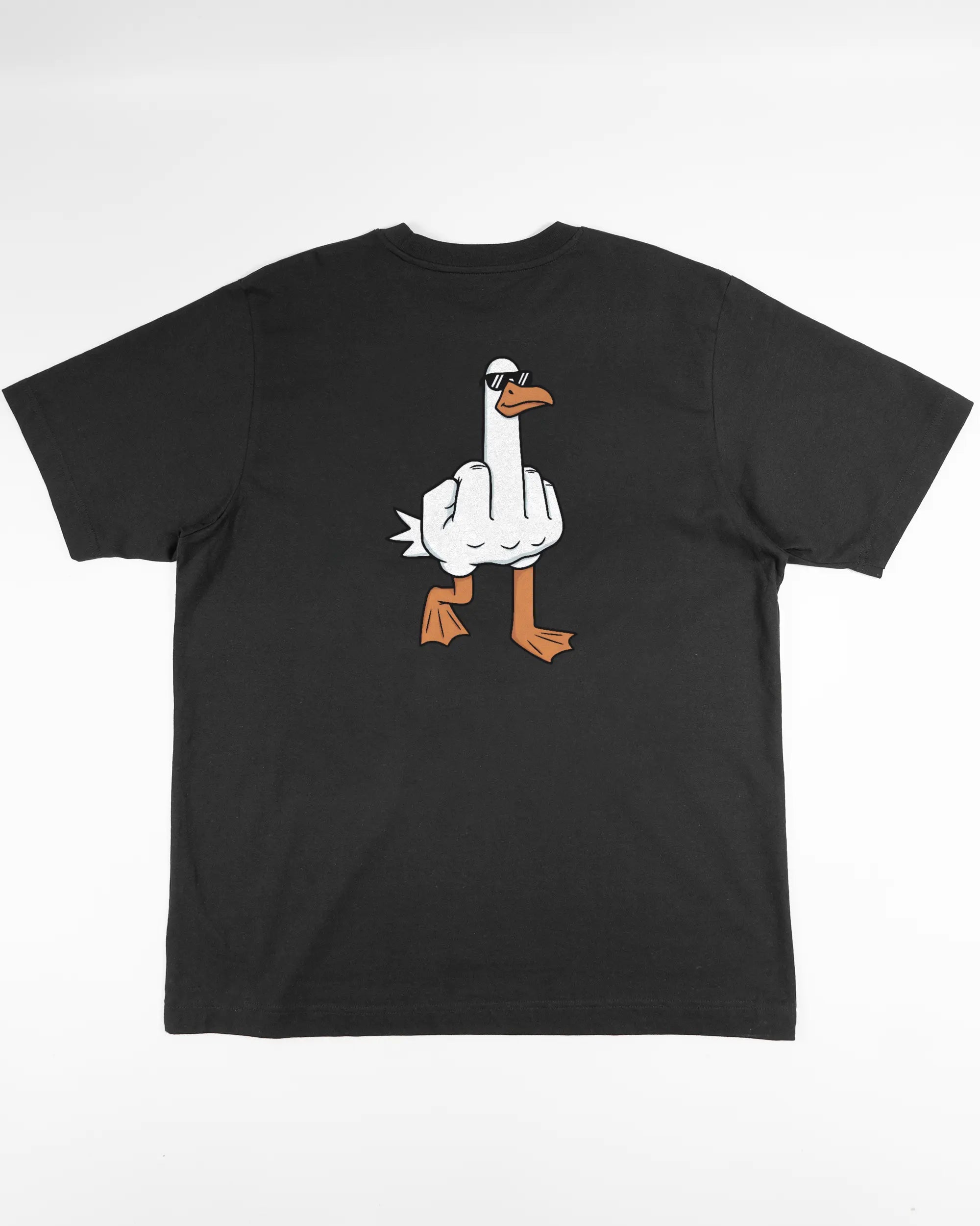Rückseite des Organic Unisex T-Shirt Heavy Oversized von Maondo mit dem Design I give a duck in der Farbe Black und in der Größe L flach auf den Boden gelegt