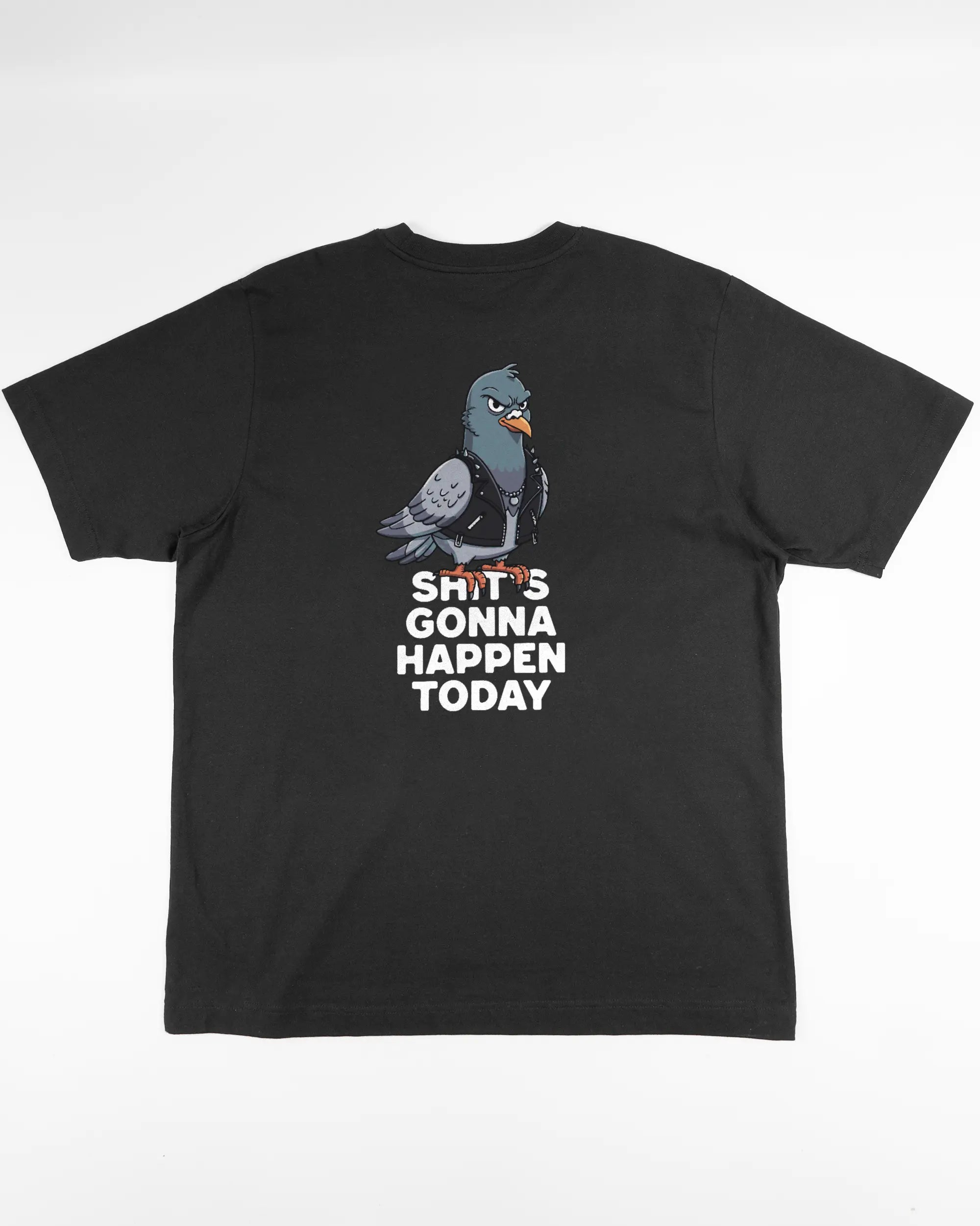 Rückseite des Organic Unisex T-Shirt Heavy Oversized von Maondo mit dem Design Pigeon Pun in der Farbe Black und in der Größe L flach auf den Boden gelegt