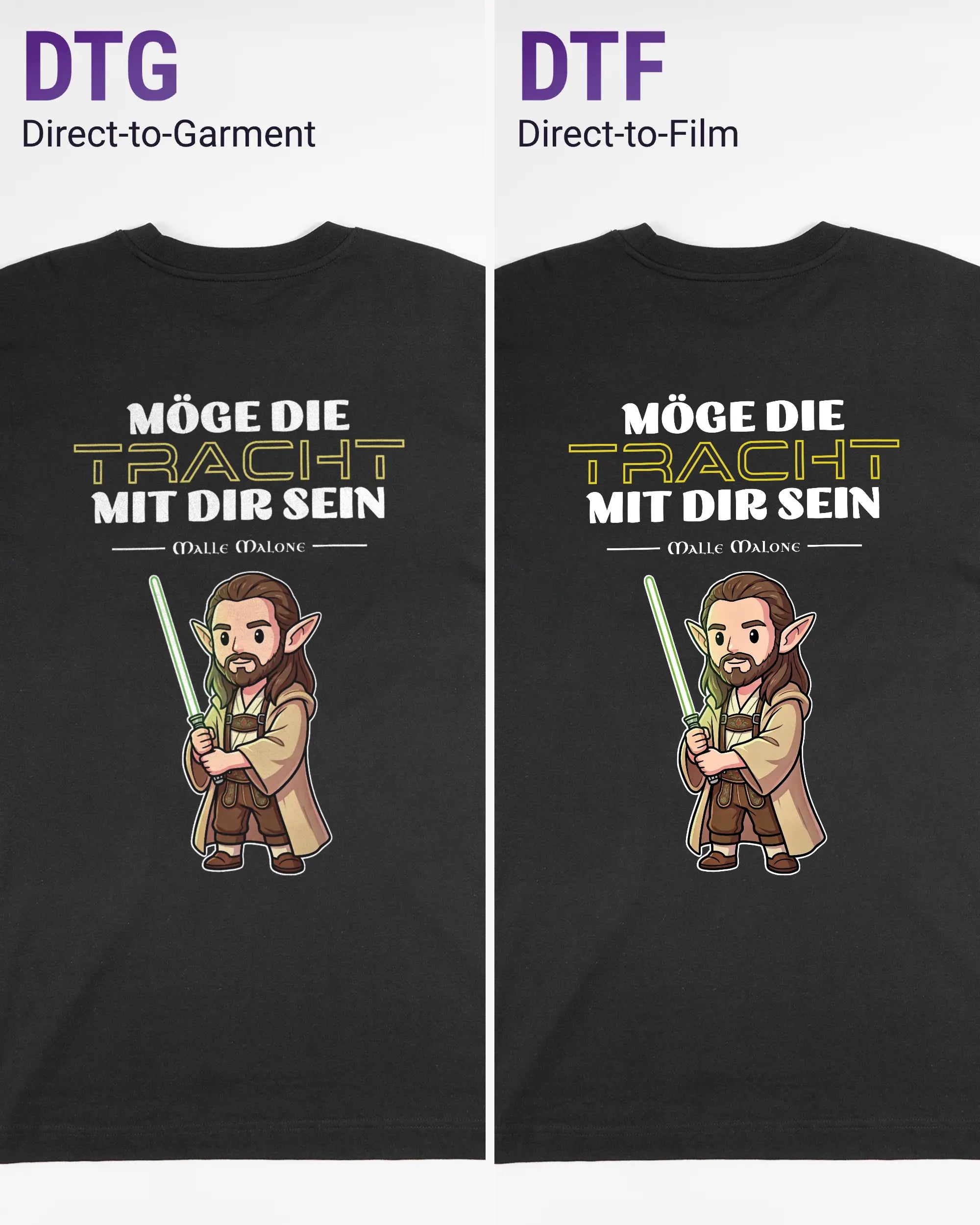 Vergleich der Rückseiten des Organic Unisex T-Shirt Heavy Oversized von Maondo mit dem Design Tracht mit dir in der Farbe Black und in der Größe L links mit dem Direct-to-Garment und rechts mit dem Direct-to-Film Verfahren