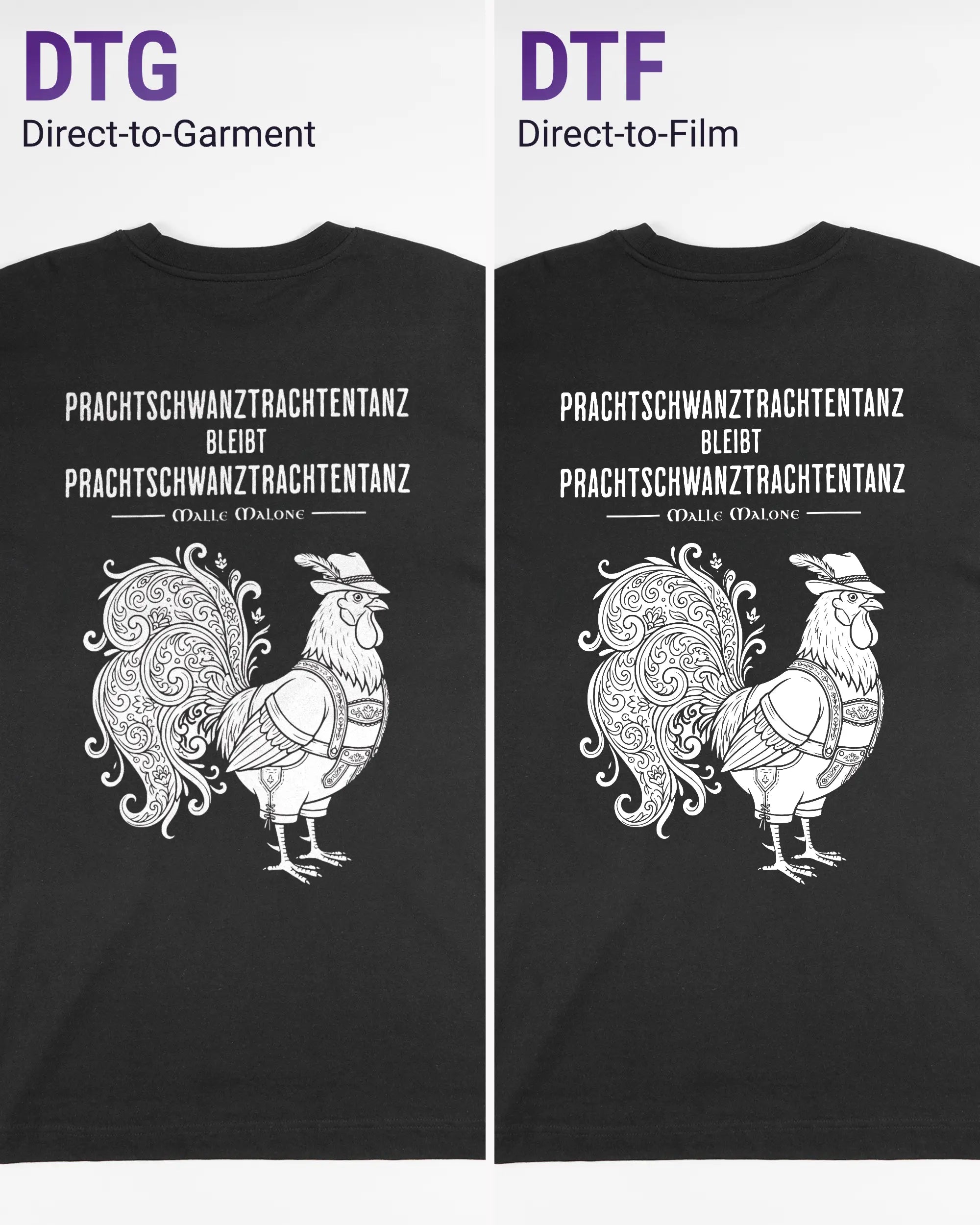 Vergleich der Rückseiten des Organic Unisex T-Shirt Heavy Oversized von Maondo mit dem Design Trachtentanz in der Farbe Black und in der Größe L links mit dem Direct-to-Garment und rechts mit dem Direct-to-Film Verfahren