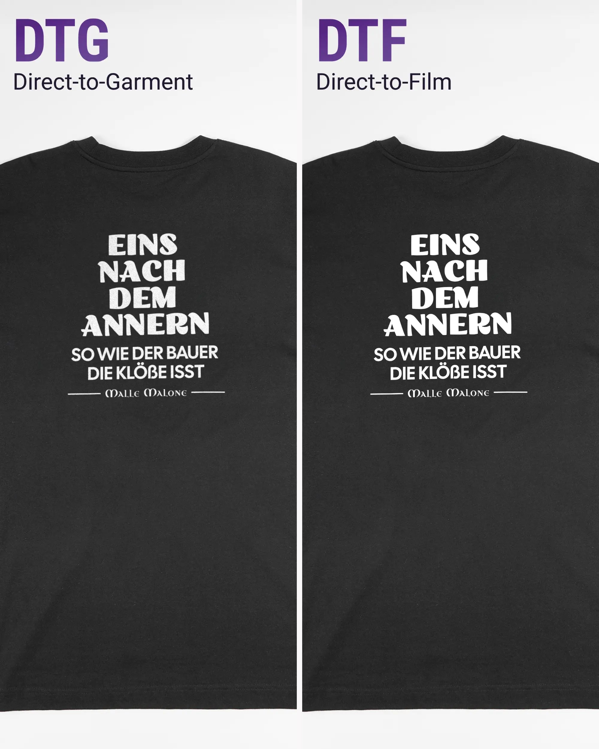 Vergleich der Rückseiten des Organic Unisex T-Shirt Heavy Oversized von Maondo mit dem Design Eins nach dem Annern in der Farbe Black und in der Größe L links mit dem Direct-to-Garment und rechts mit dem Direct-to-Film Verfahren