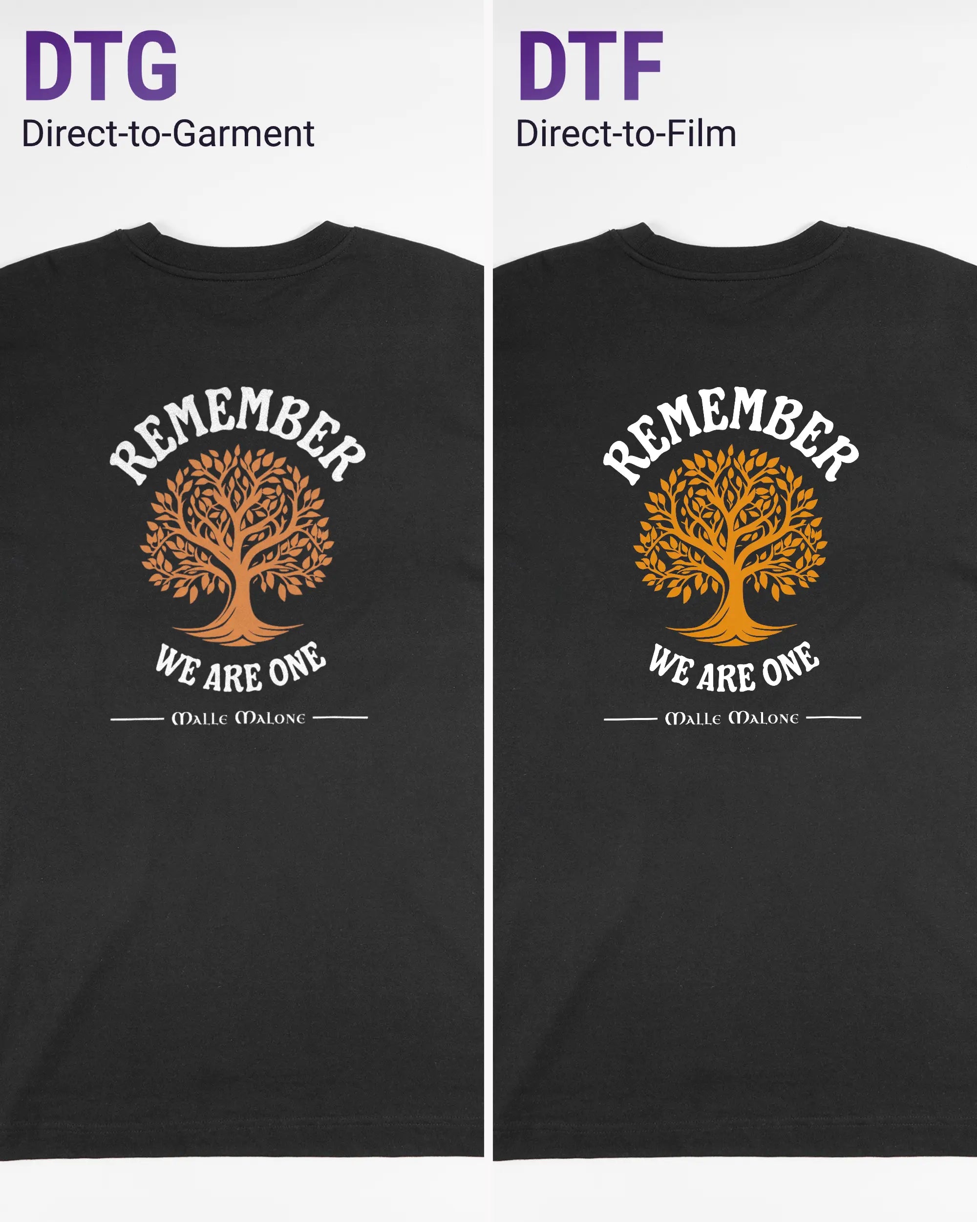 Vergleich der Rückseiten des Organic Unisex T-Shirt Heavy Oversized von Maondo mit dem Design We are one in der Farbe Black und in der Größe L links mit dem Direct-to-Garment und rechts mit dem Direct-to-Film Verfahren