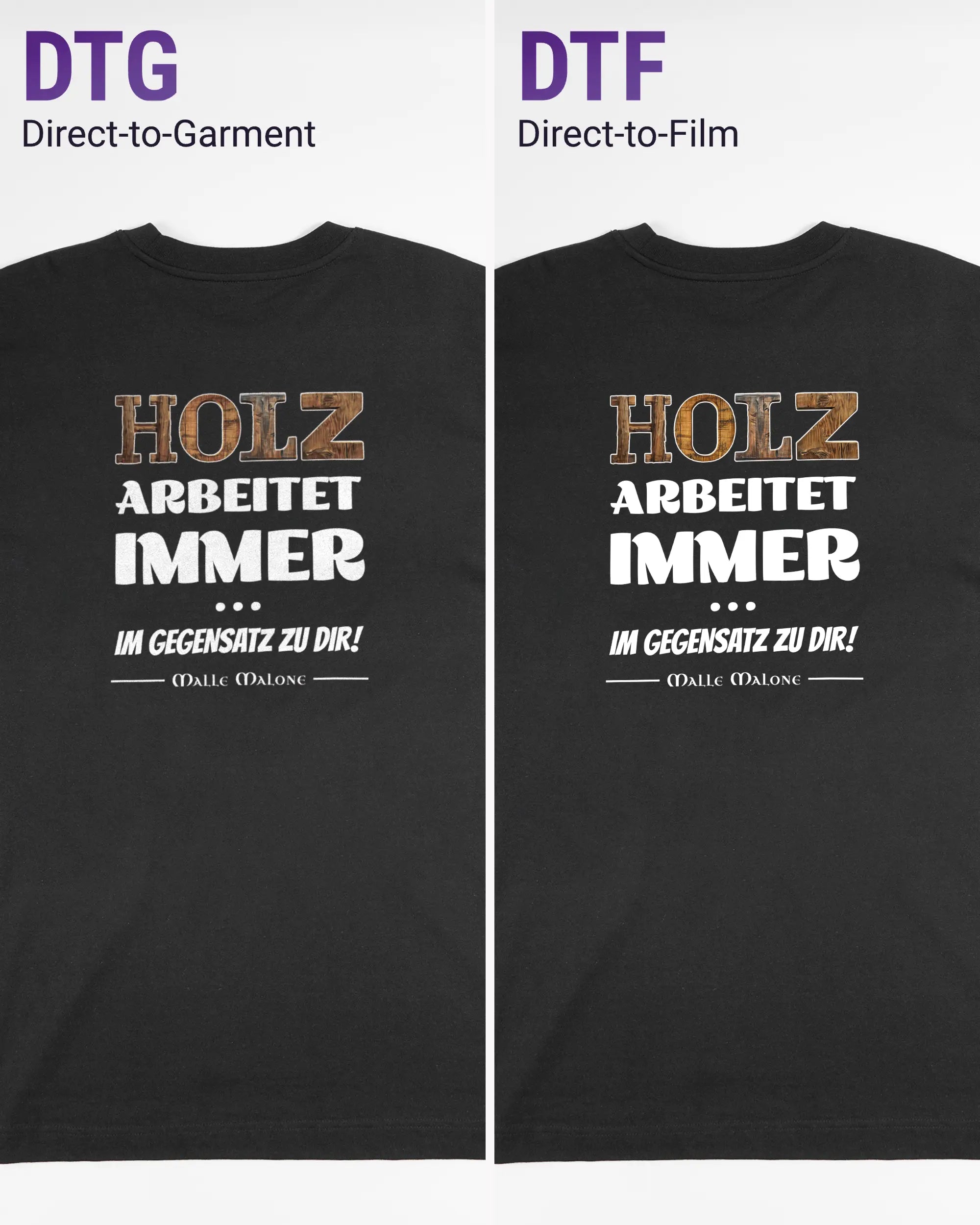 Vergleich der Rückseiten des Organic Unisex T-Shirt Heavy Oversized von Maondo mit dem Design Holzarbeit in der Farbe Black und in der Größe L links mit dem Direct-to-Garment und rechts mit dem Direct-to-Film Verfahren