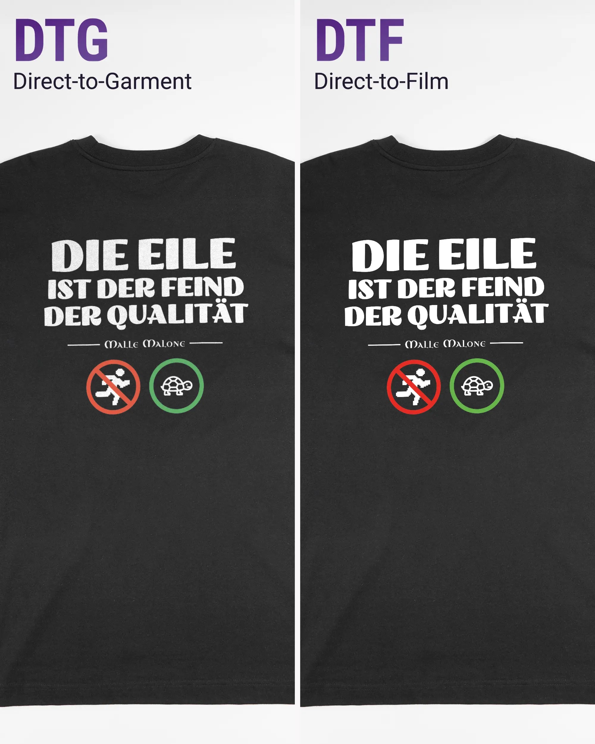 Vergleich der Rückseiten des Organic Unisex T-Shirt Heavy Oversized von Maondo mit dem Design Keine Eile in der Farbe Black und in der Größe L links mit dem Direct-to-Garment und rechts mit dem Direct-to-Film Verfahren